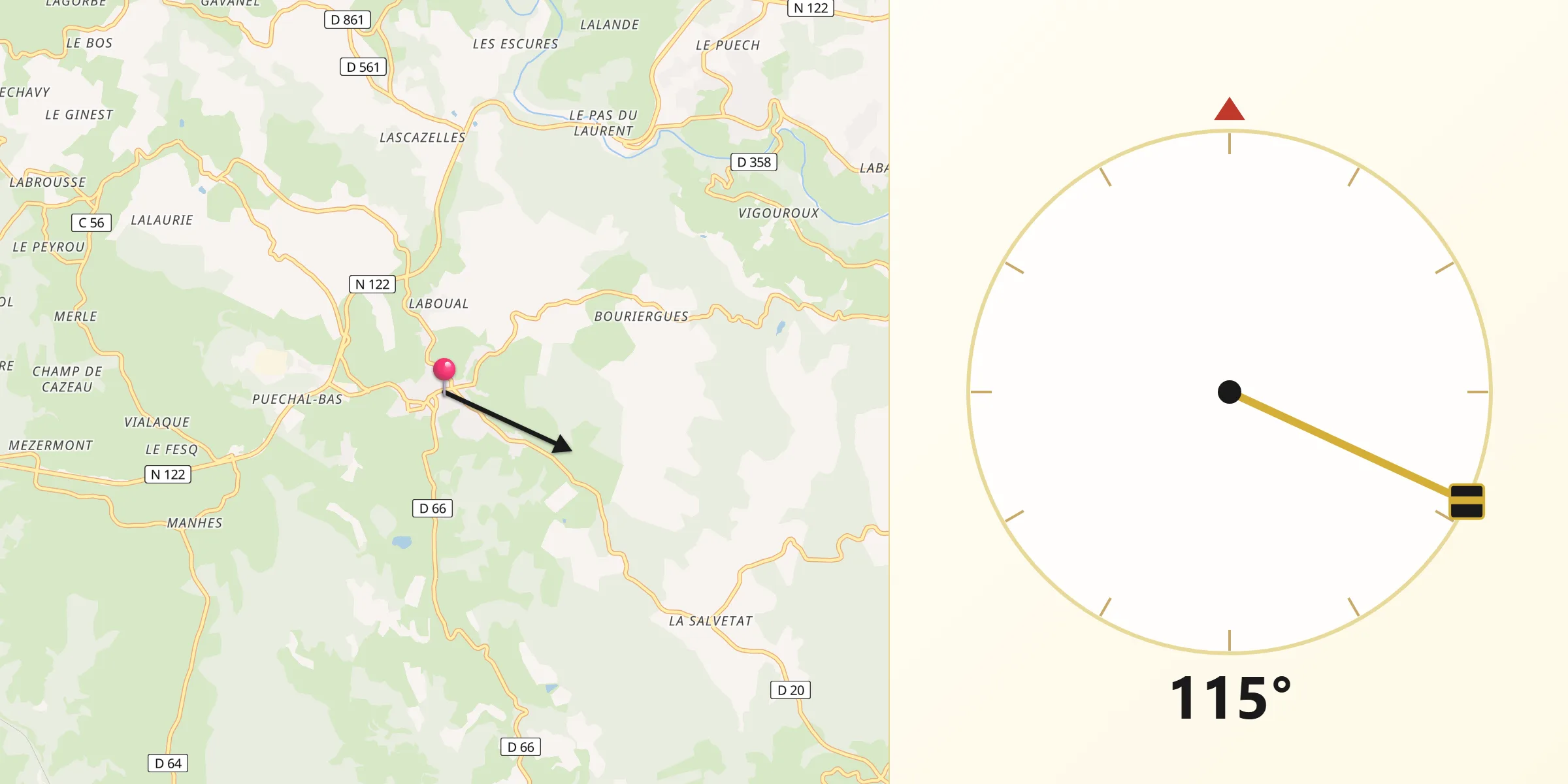 Direction vers la Qibla depuis Saint-Mamet-la-Salvetat