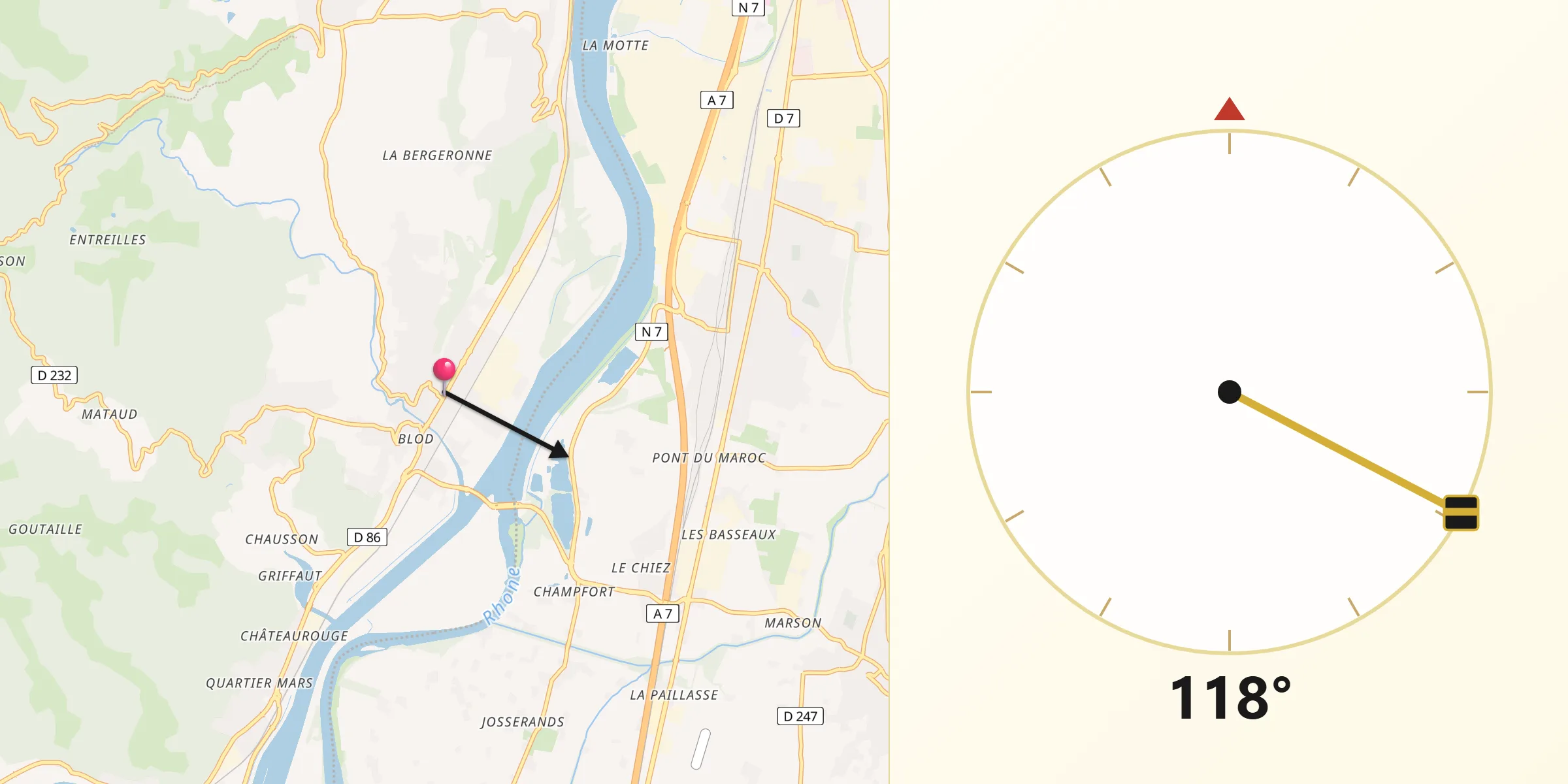 Direction vers la Qibla depuis Charmes-sur-Rhône