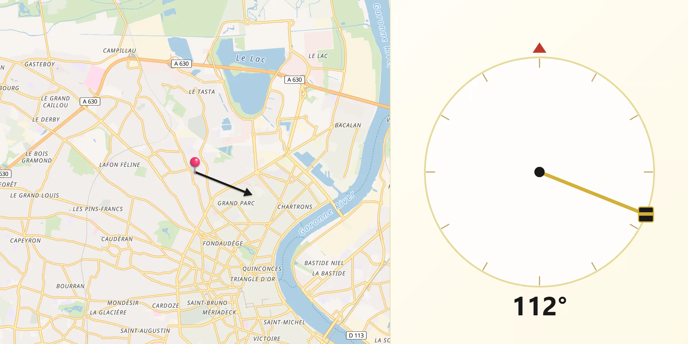 Direction vers la Qibla depuis Le Bouscat