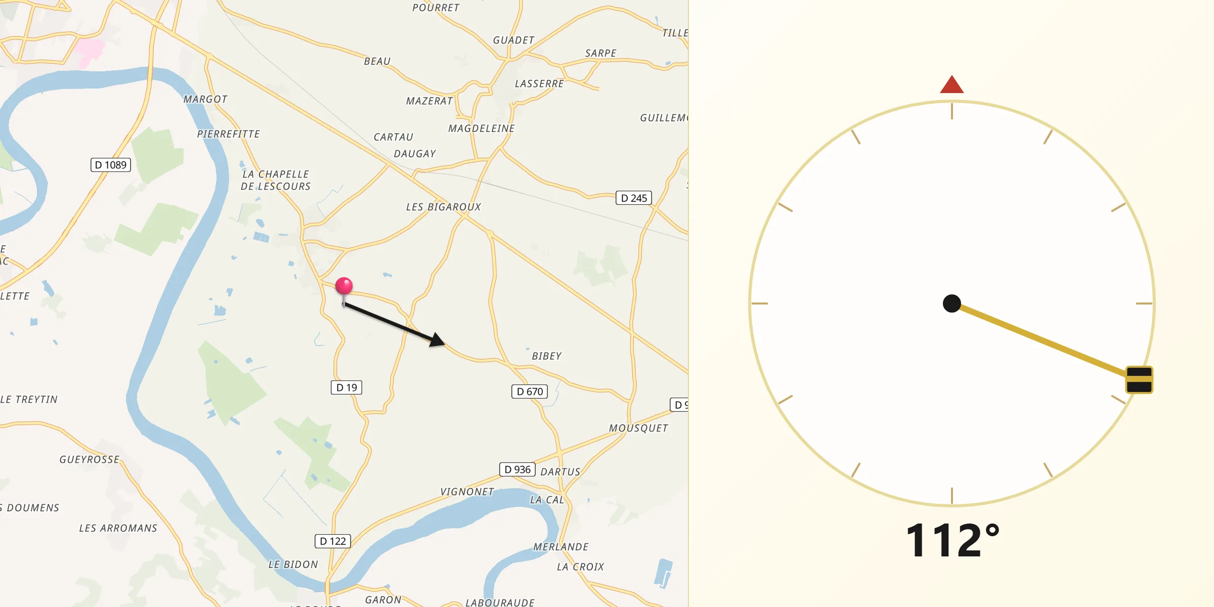 Direction vers la Qibla depuis Saint-Sulpice-de-Faleyrens