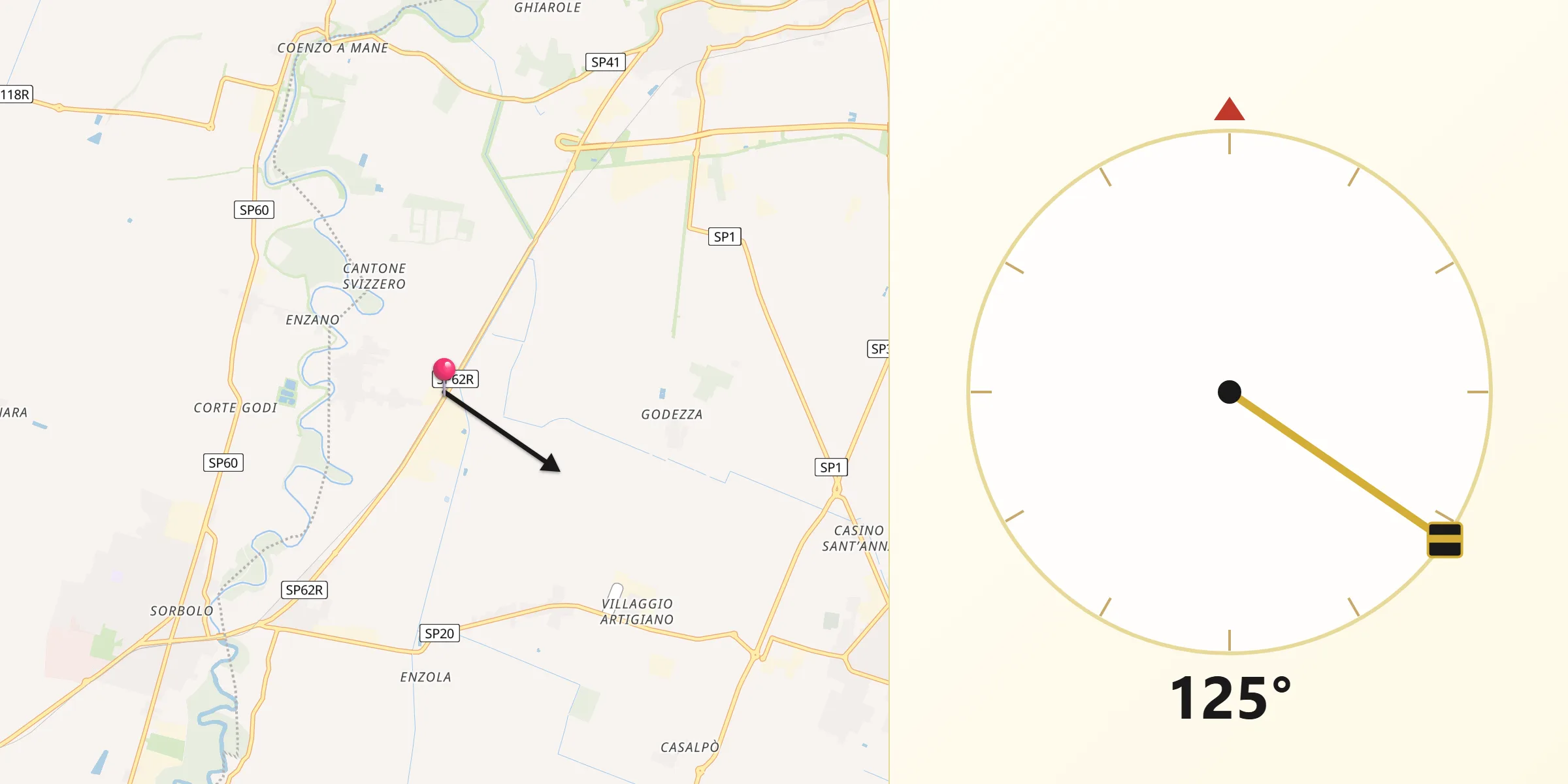 Direzione della Qibla da Lentigione-Sorbolo a Mane
