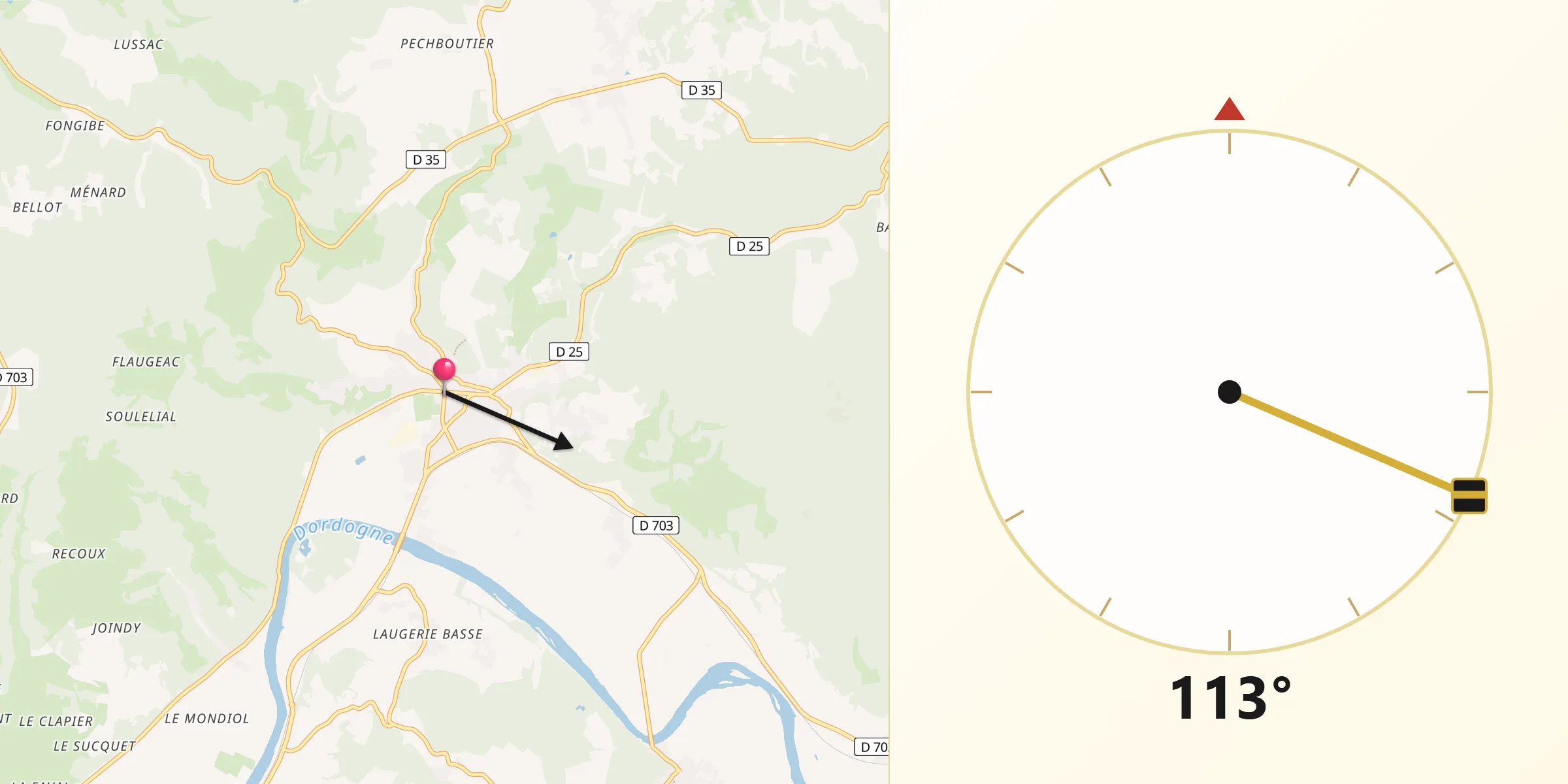 Direction vers la Qibla depuis Saint-Cyprien