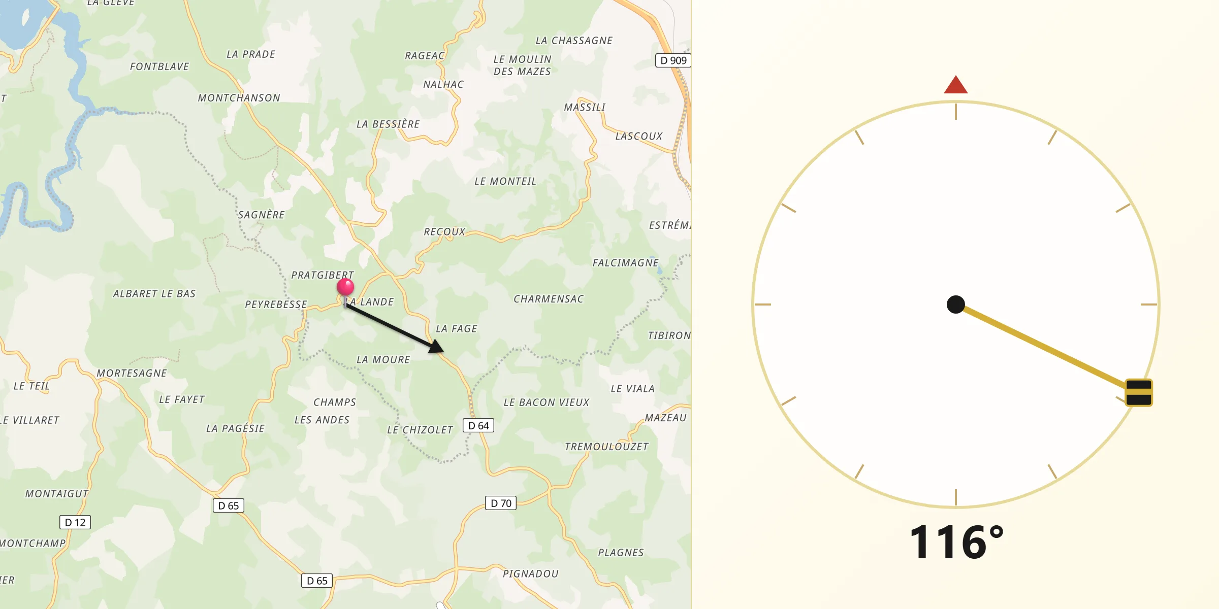 Direction vers la Qibla depuis Albaret-Sainte-Marie