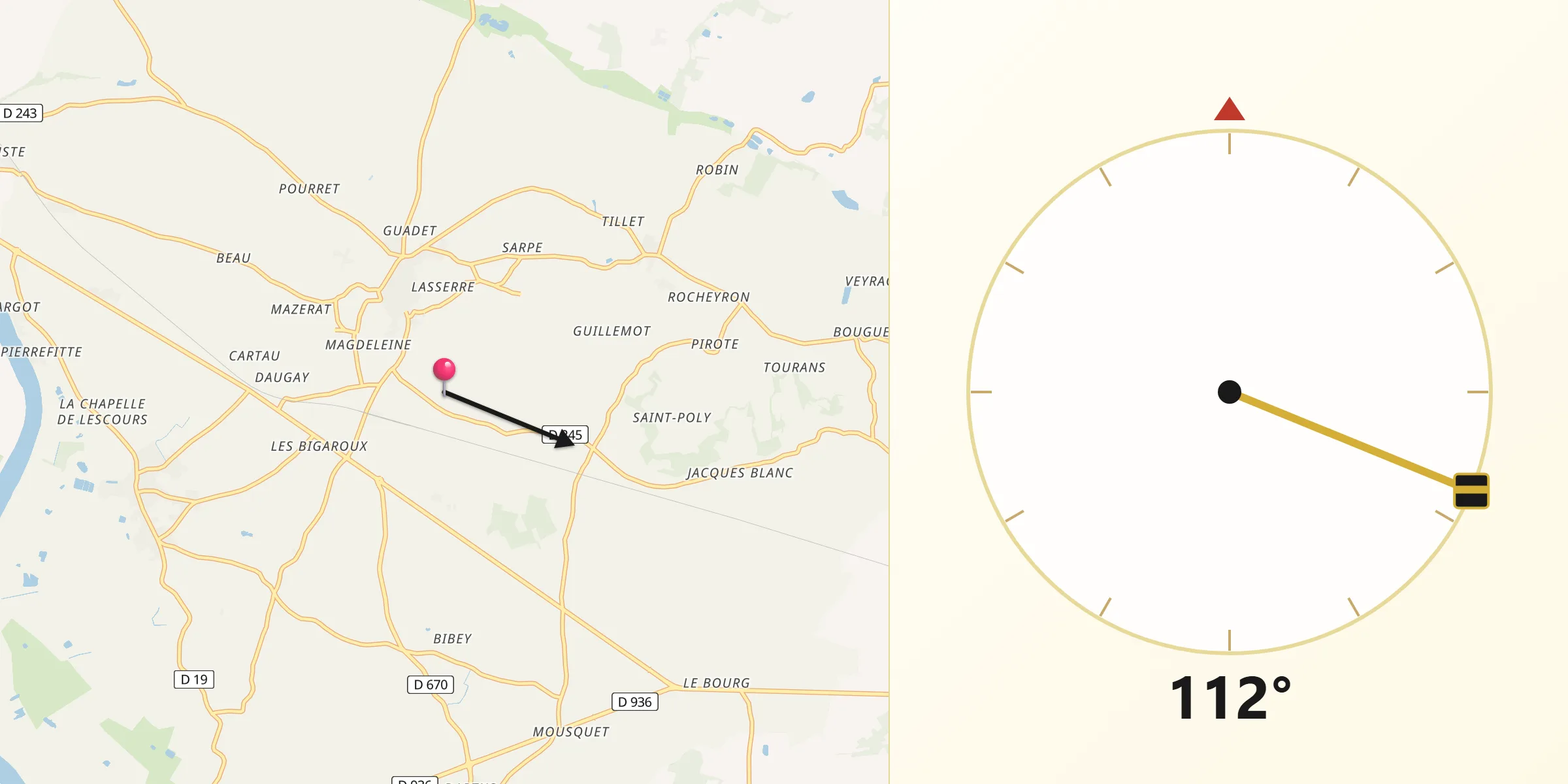 Direction vers la Qibla depuis Saint-Émilion