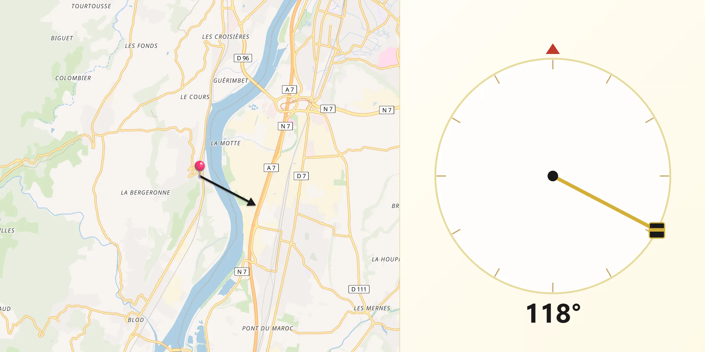 Direction vers la Qibla depuis Soyons