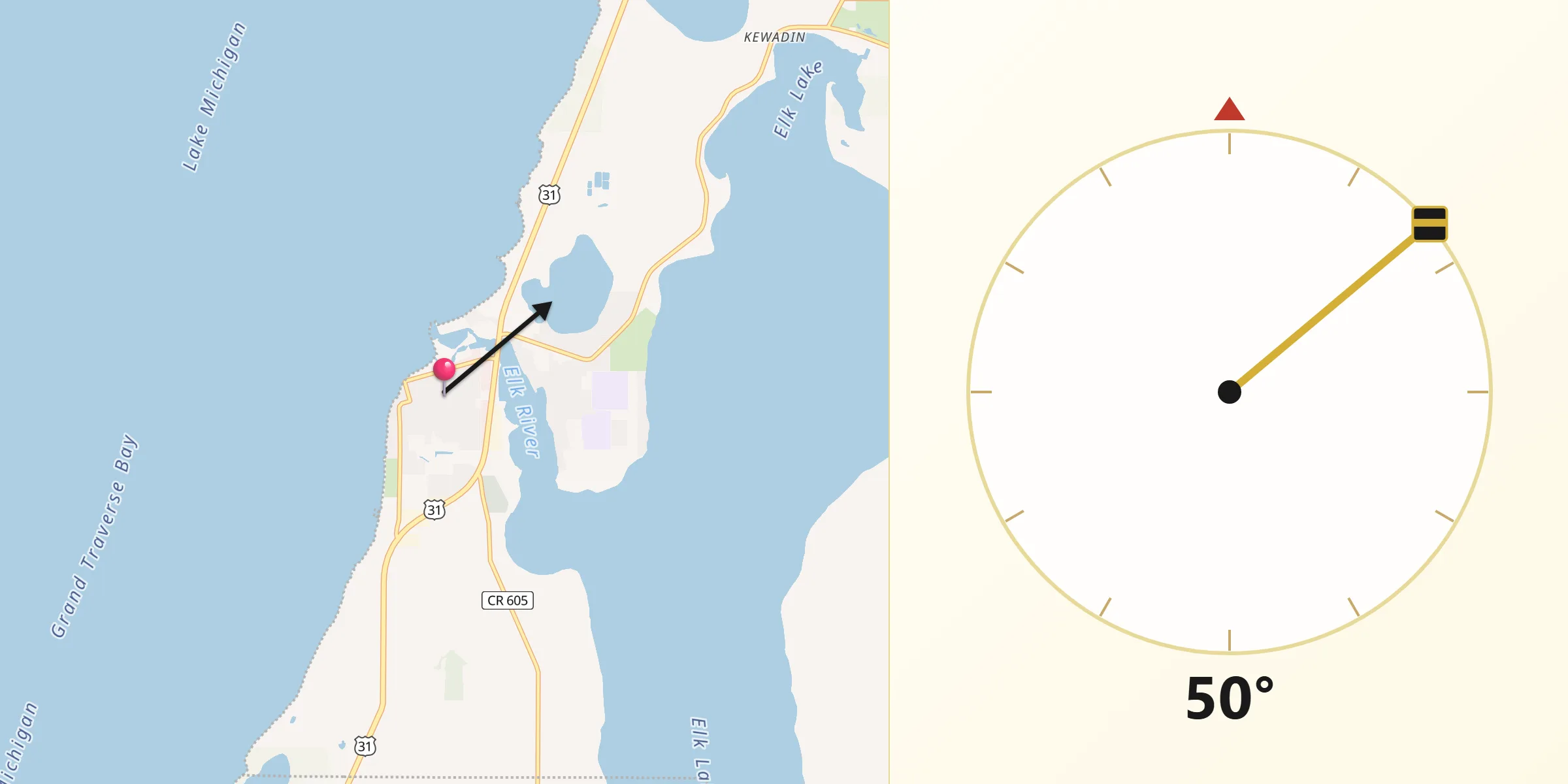 Qibla Direction from Elk Rapids
