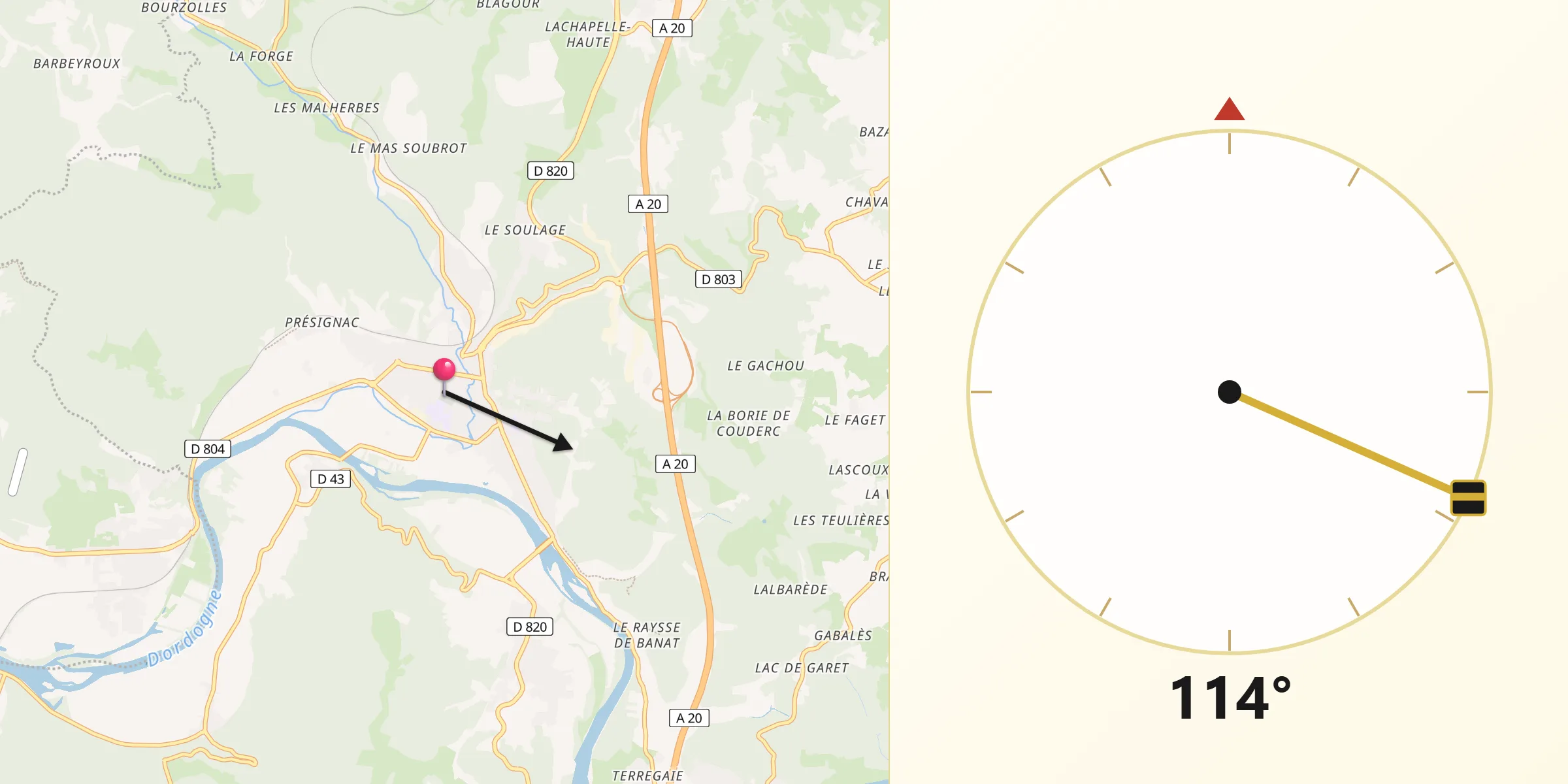 Direction vers la Qibla depuis Souillac