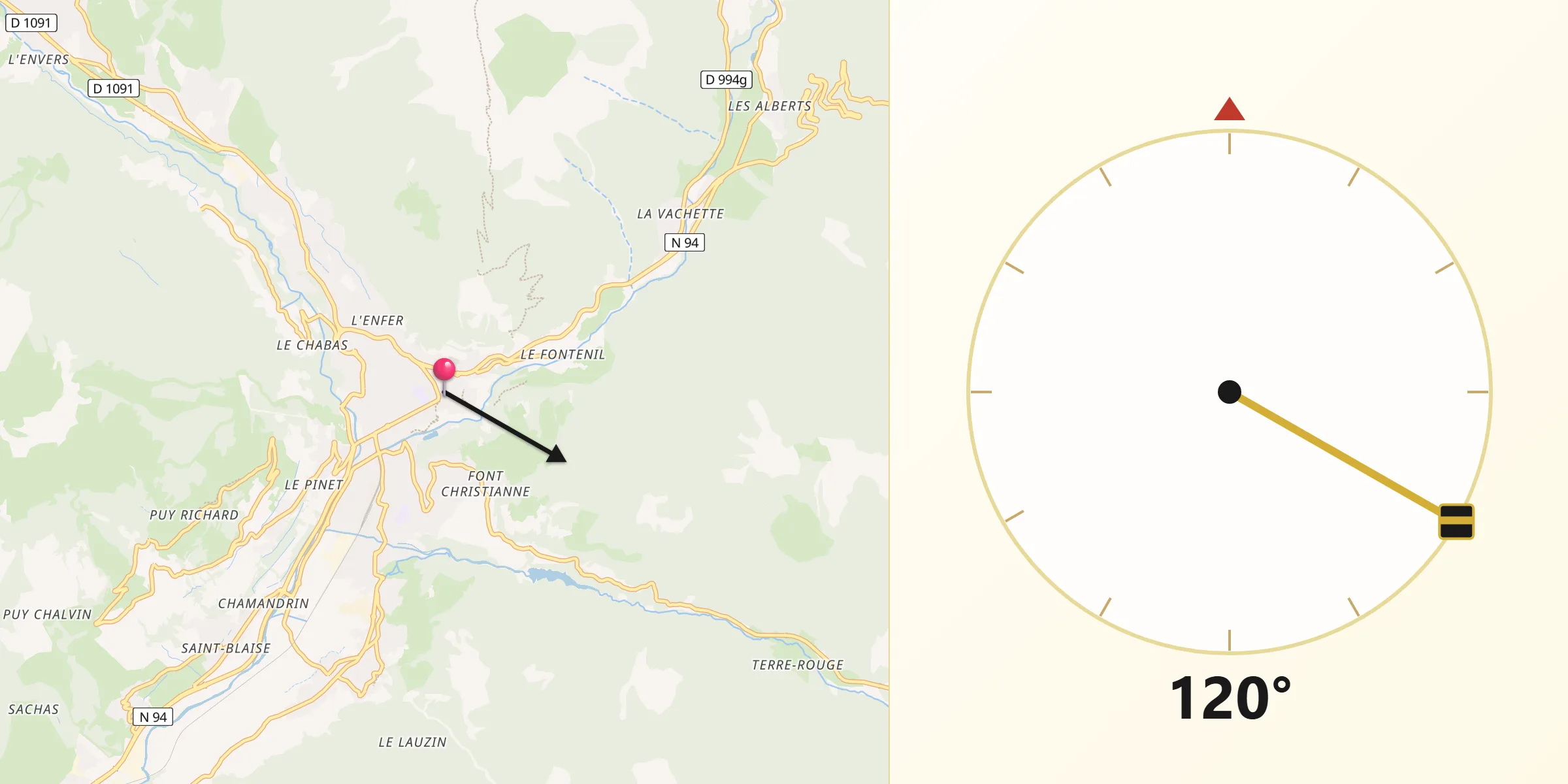 Direction vers la Qibla depuis Briançon