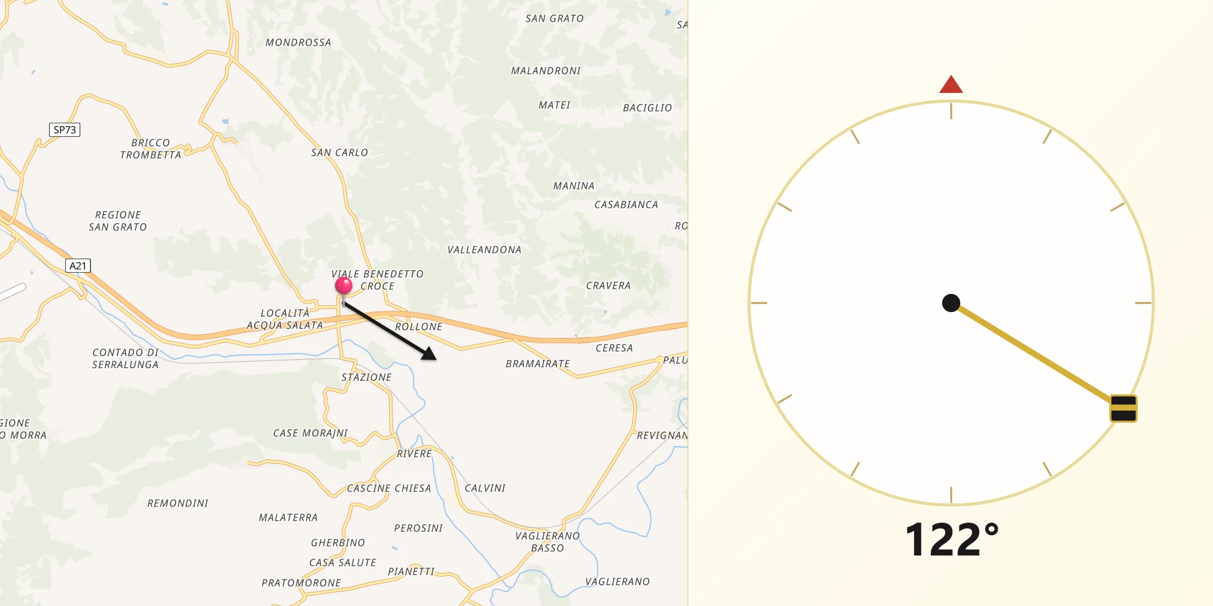 Direzione della Qibla da Baldichieri d'Asti