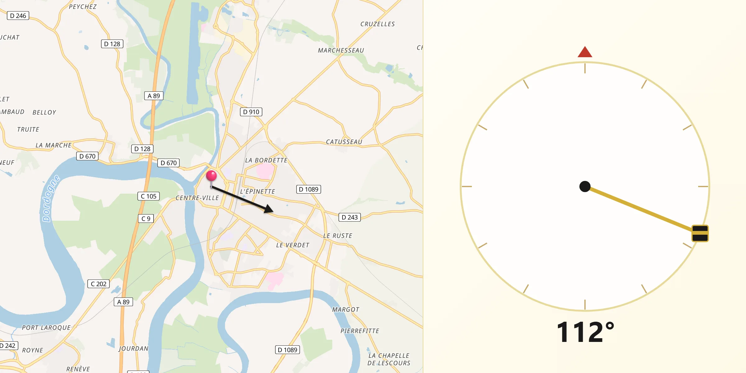 Direction vers la Qibla depuis Libourne