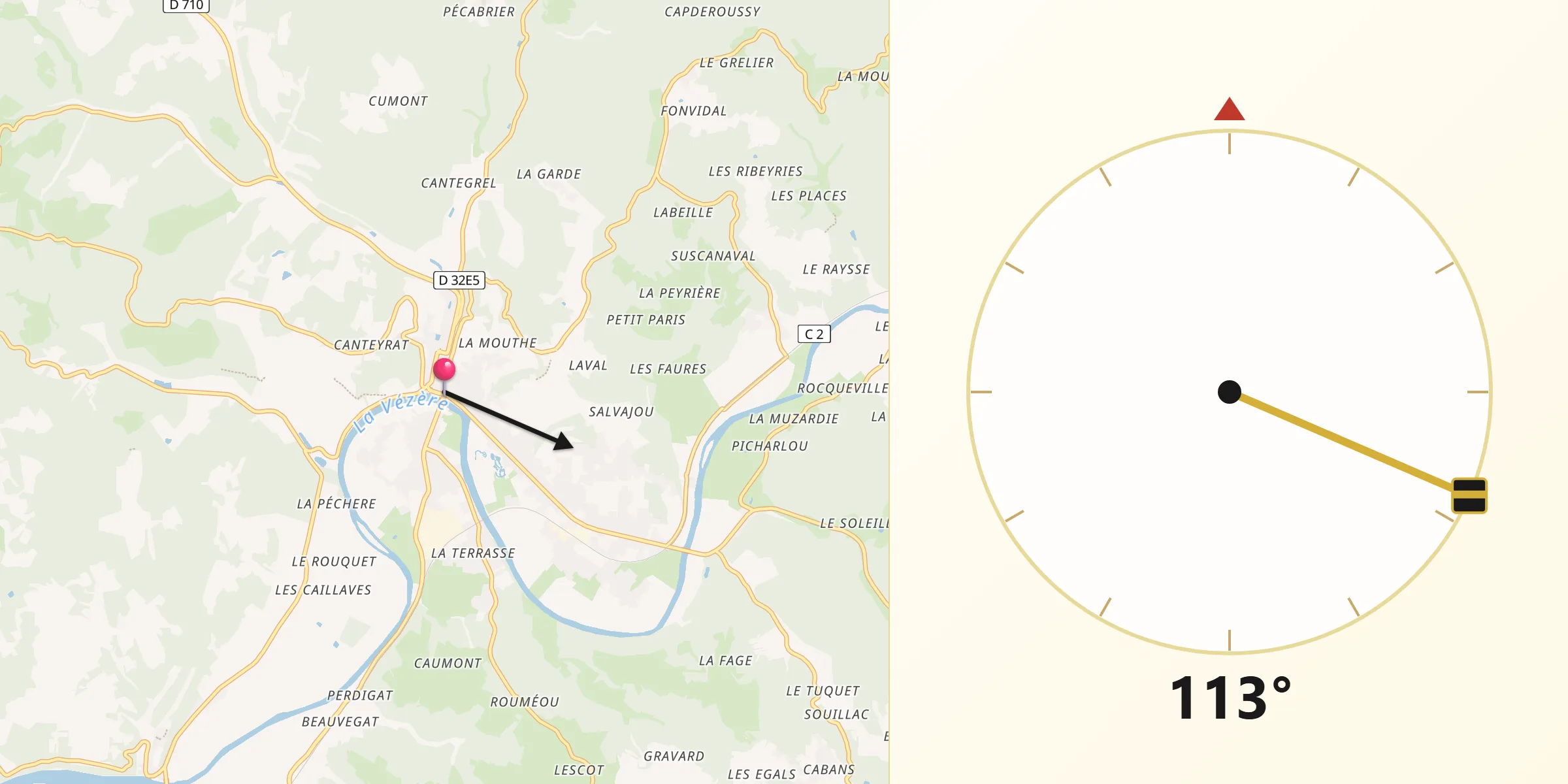 Direction vers la Qibla depuis Le Bugue