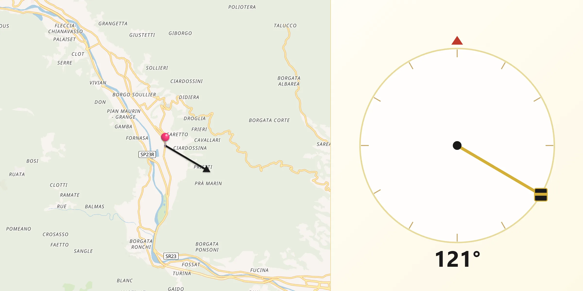 Direzione della Qibla da Villar Perosa