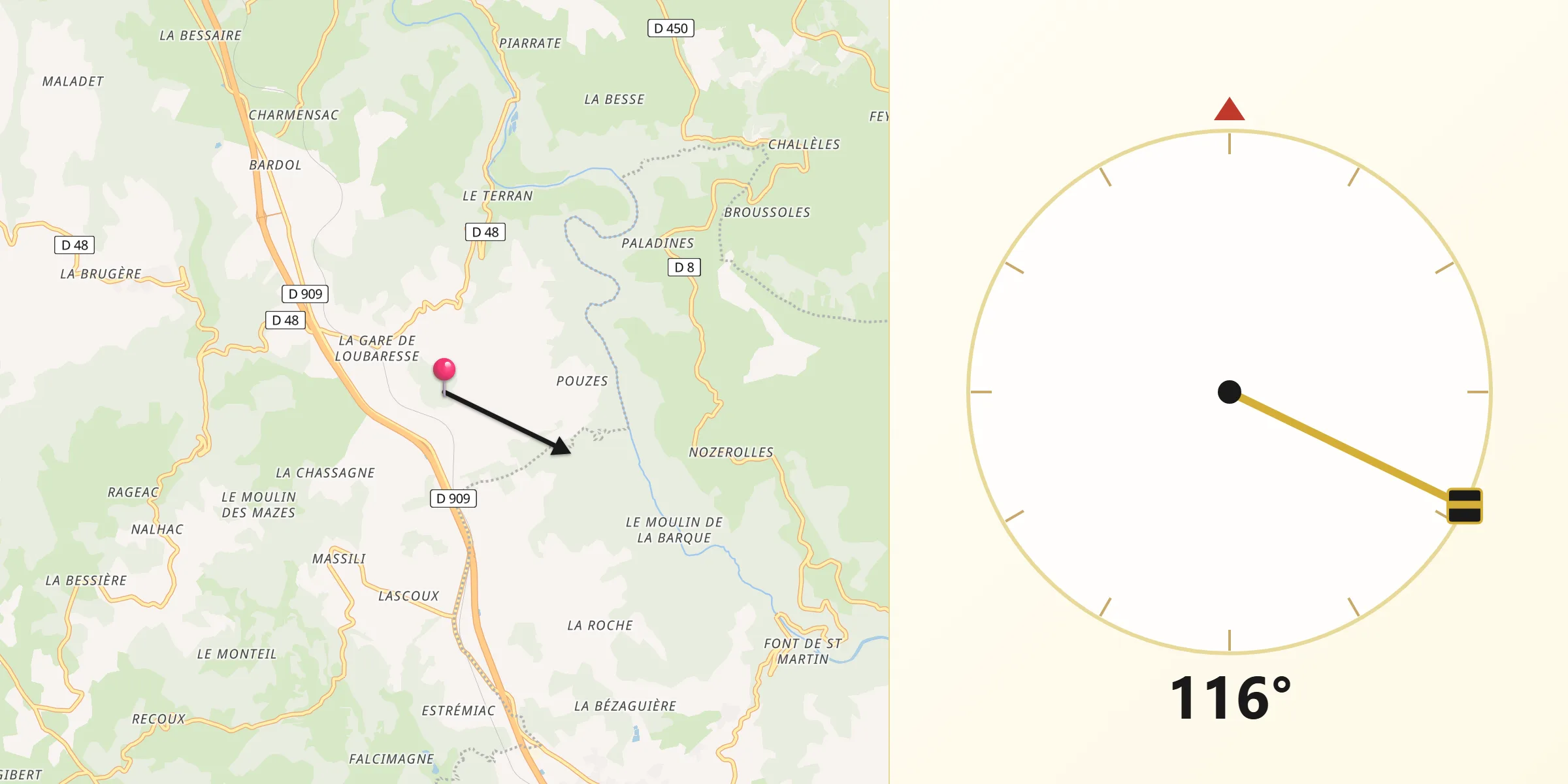 Direction vers la Qibla depuis Chaulhac