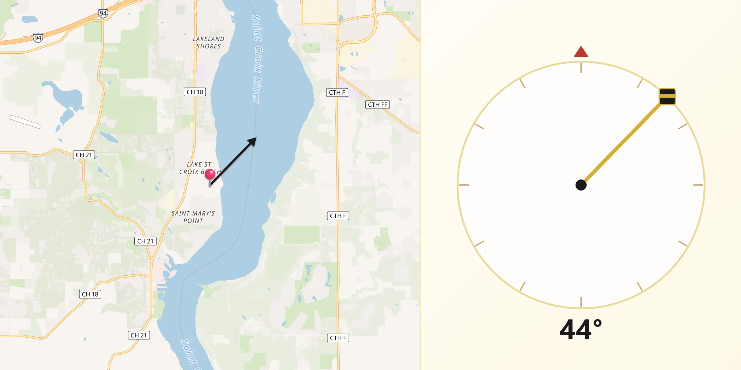 Qibla Direction from Lake Saint Croix Beach
