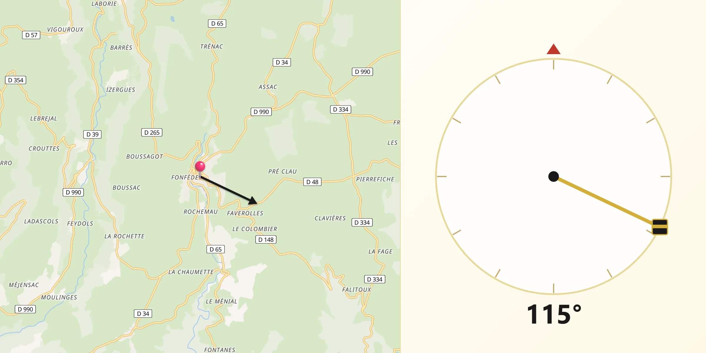 Direction vers la Qibla depuis Pierrefort