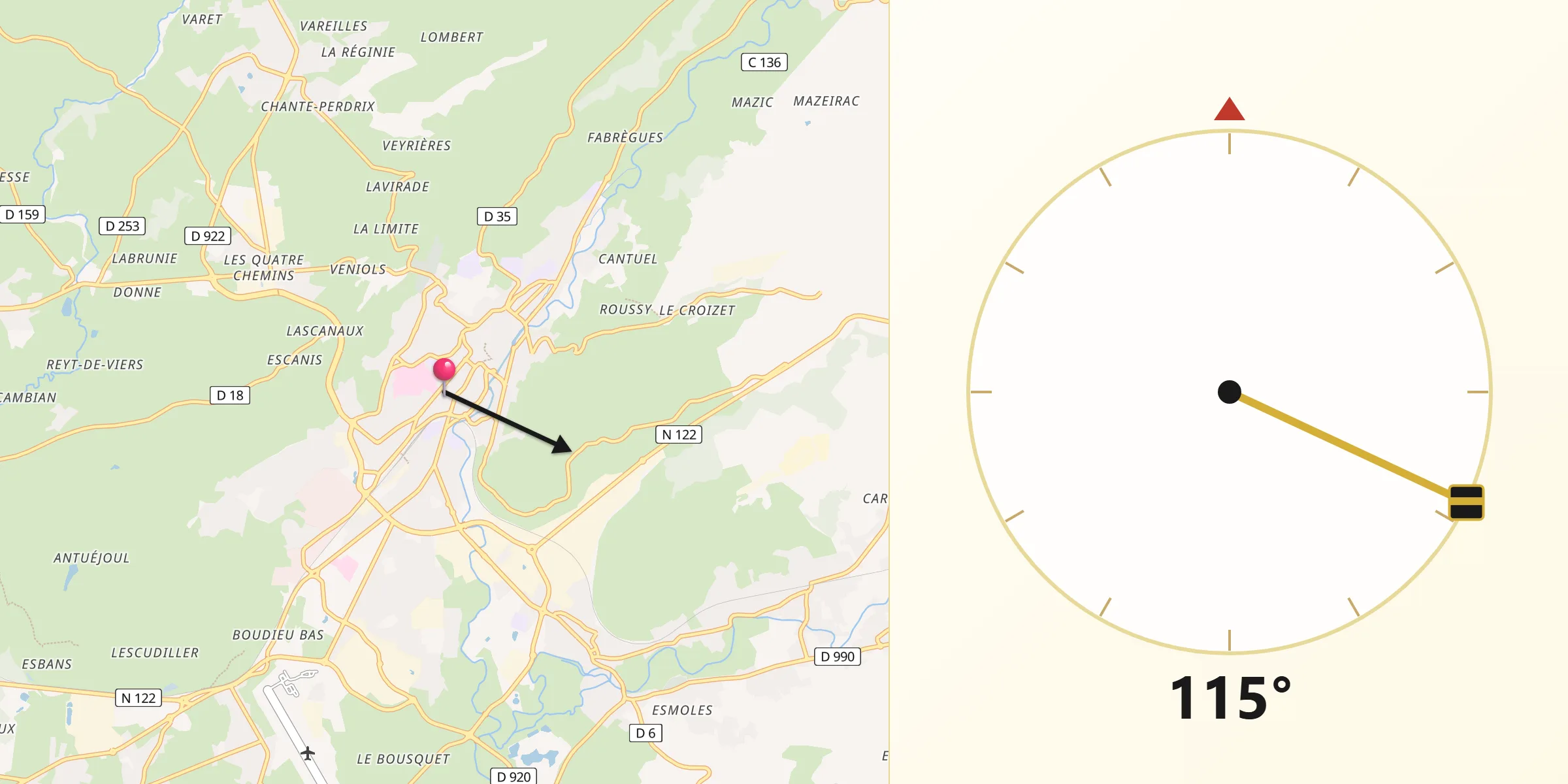 Direction vers la Qibla depuis Aurillac