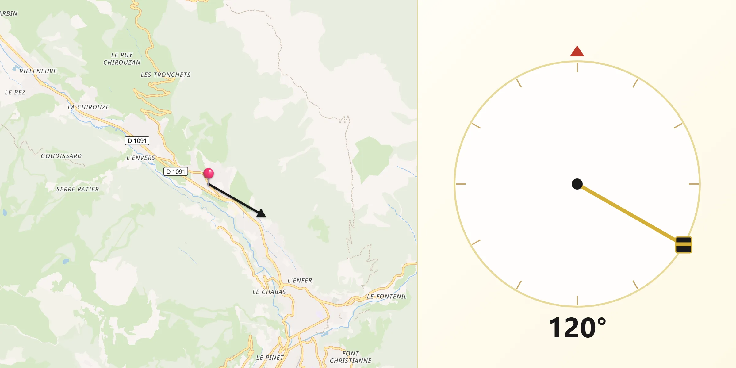 Direction vers la Qibla depuis Saint-Chaffrey