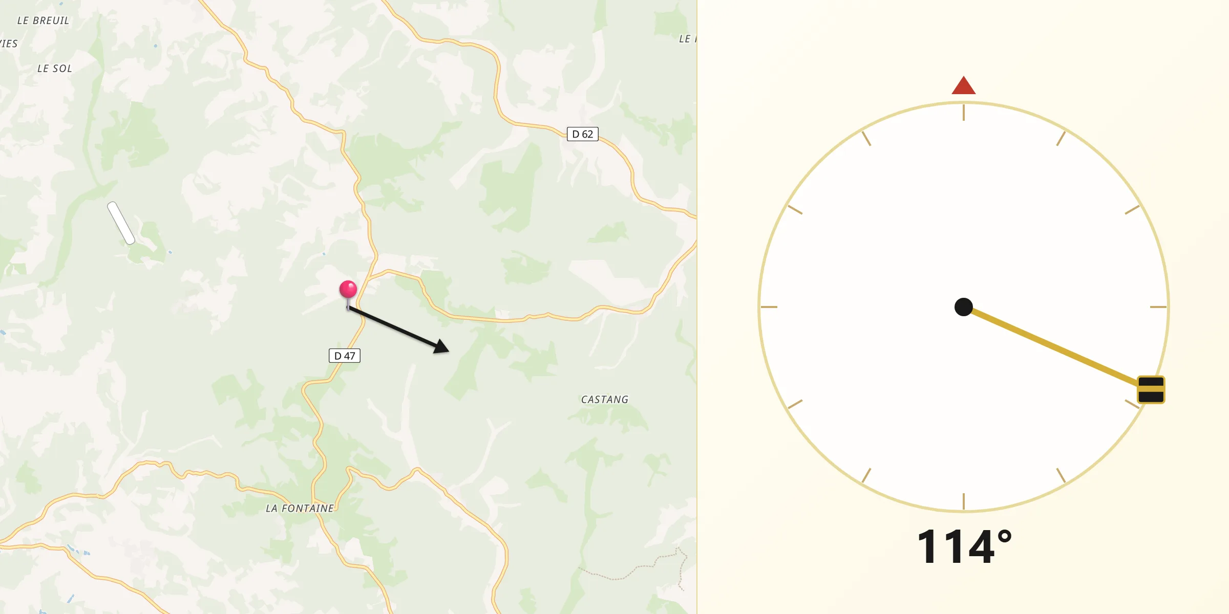Direction vers la Qibla depuis Eyvigues-et-Eybènes