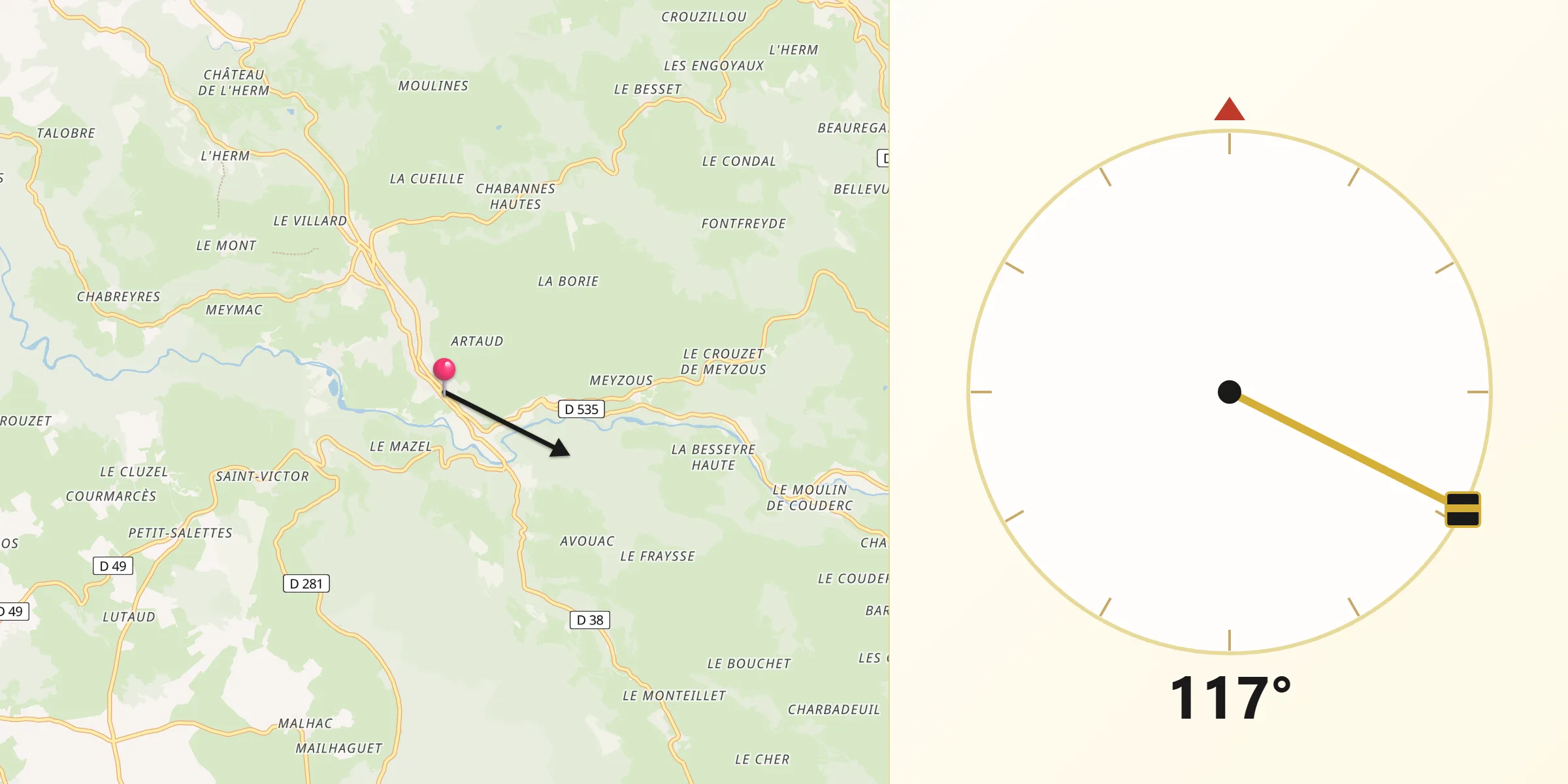 Direction vers la Qibla depuis Le Monastier-sur-Gazeille