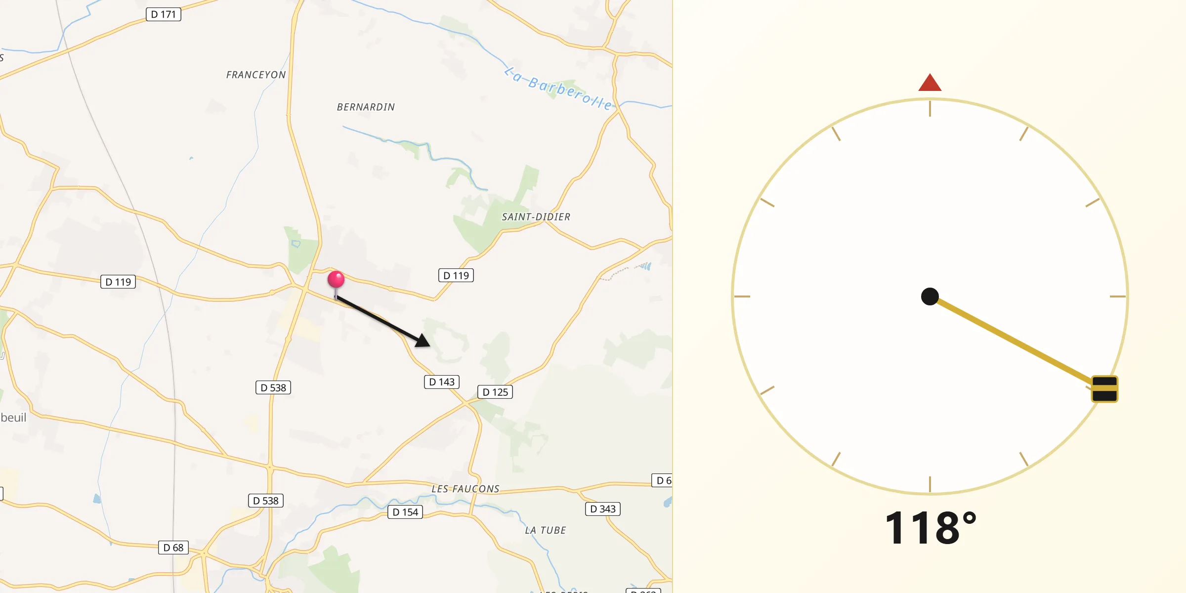 Direction vers la Qibla depuis Montélier