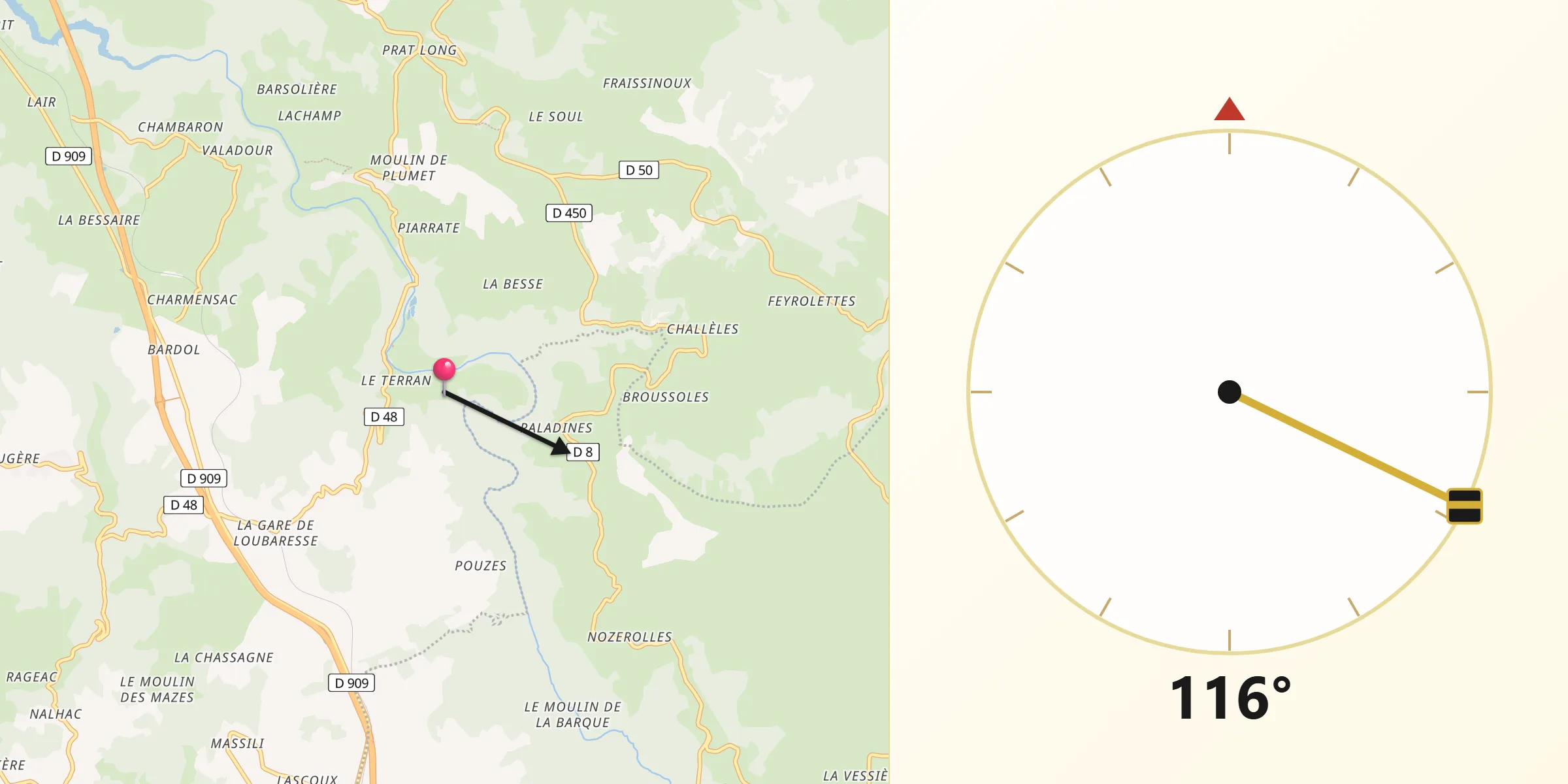 Direction vers la Qibla depuis Julianges