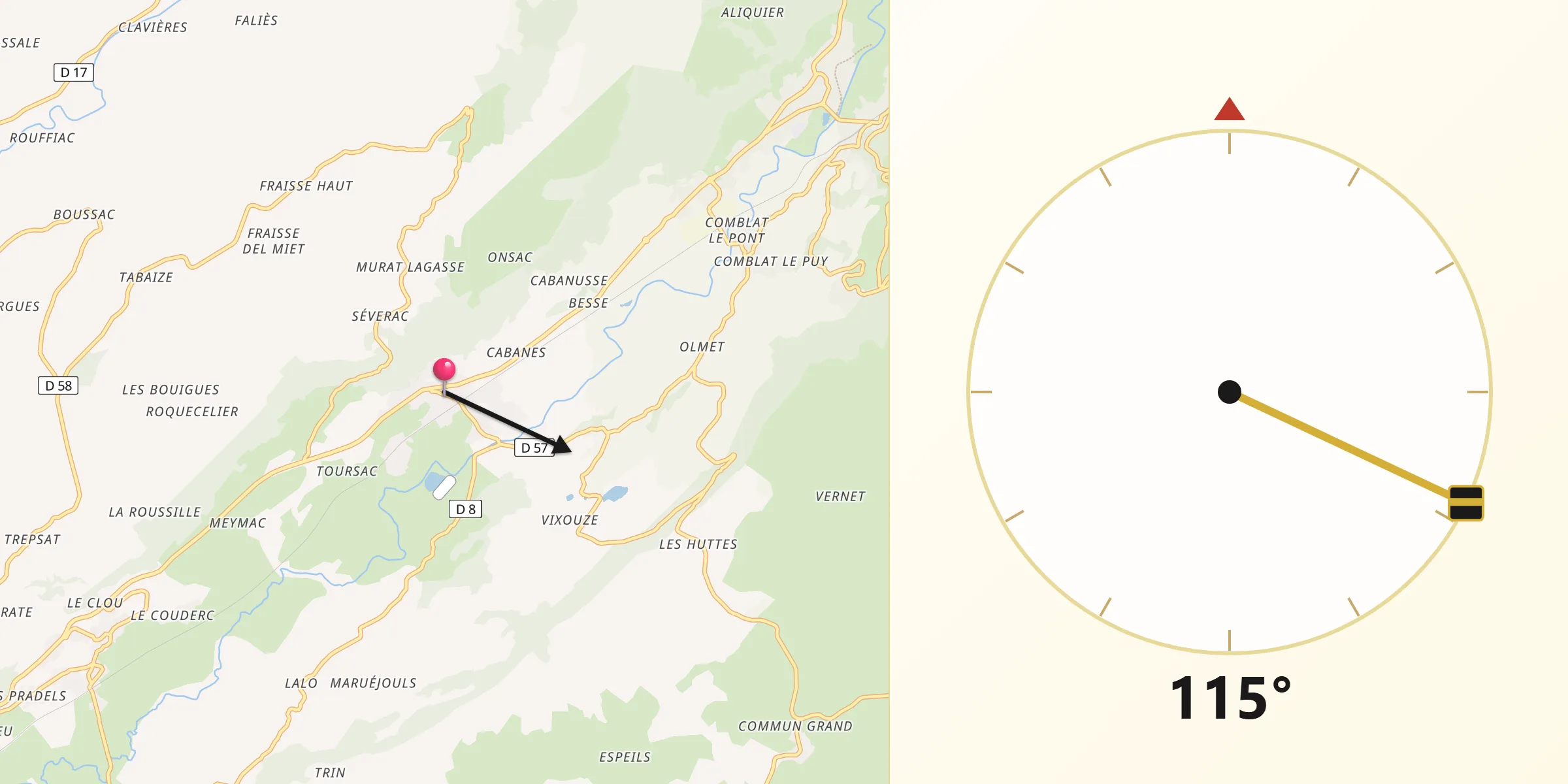 Direction vers la Qibla depuis Polminhac