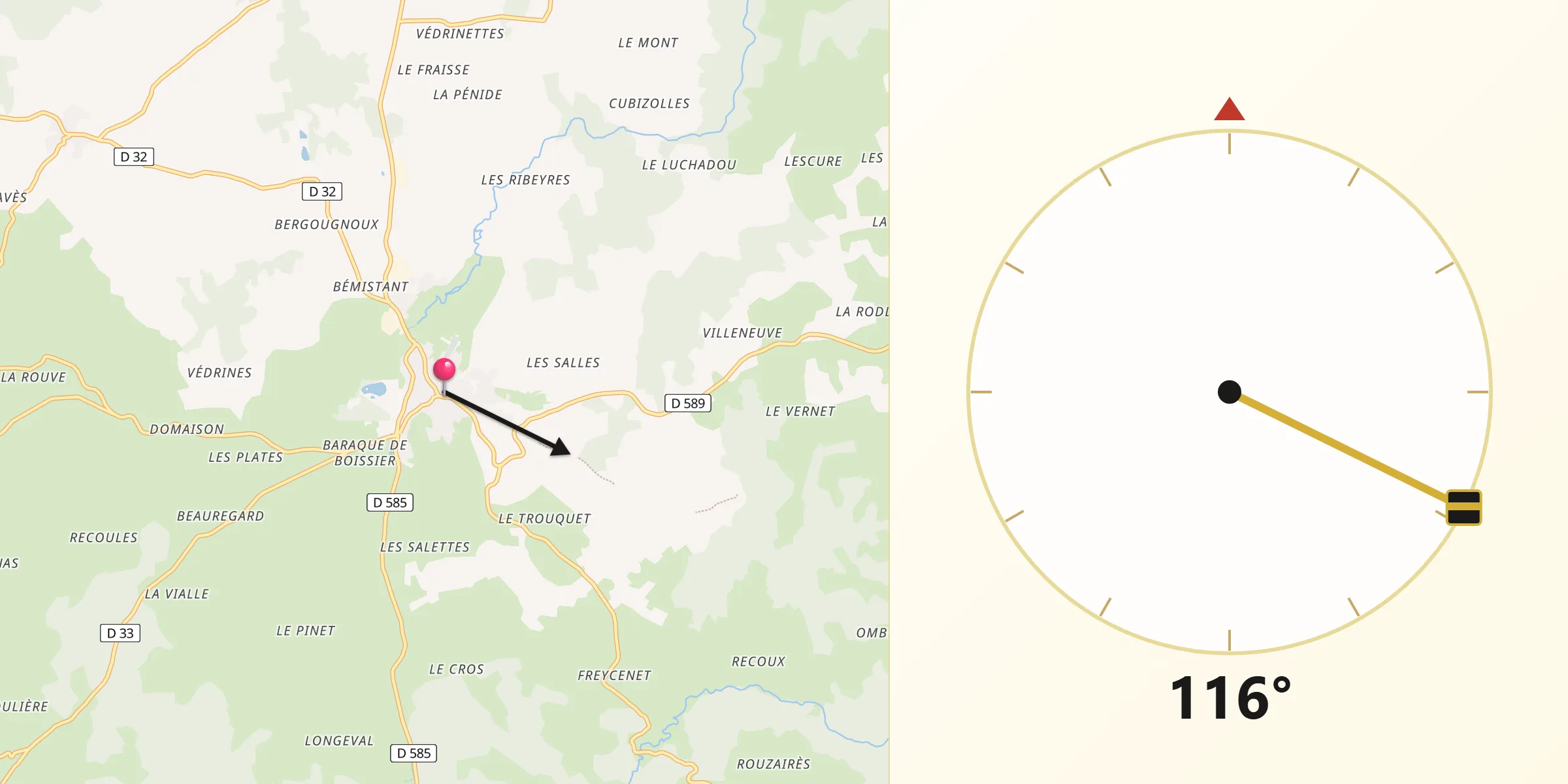 Direction vers la Qibla depuis Saugues