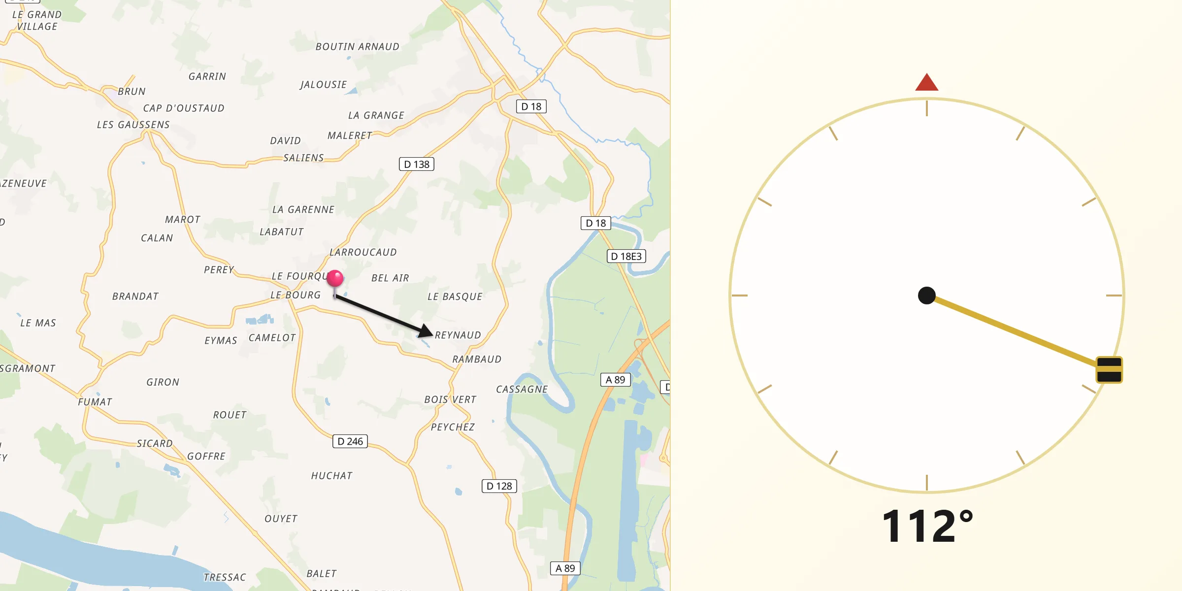 Direction vers la Qibla depuis Villegouge