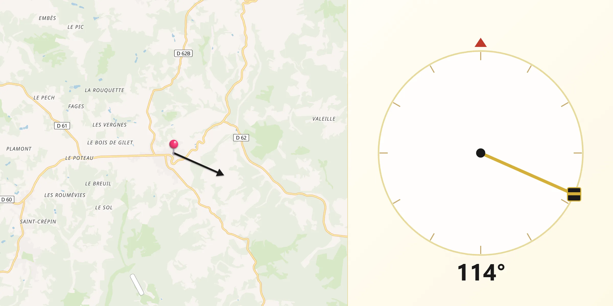 Direction vers la Qibla depuis Salignac-Eyvigues