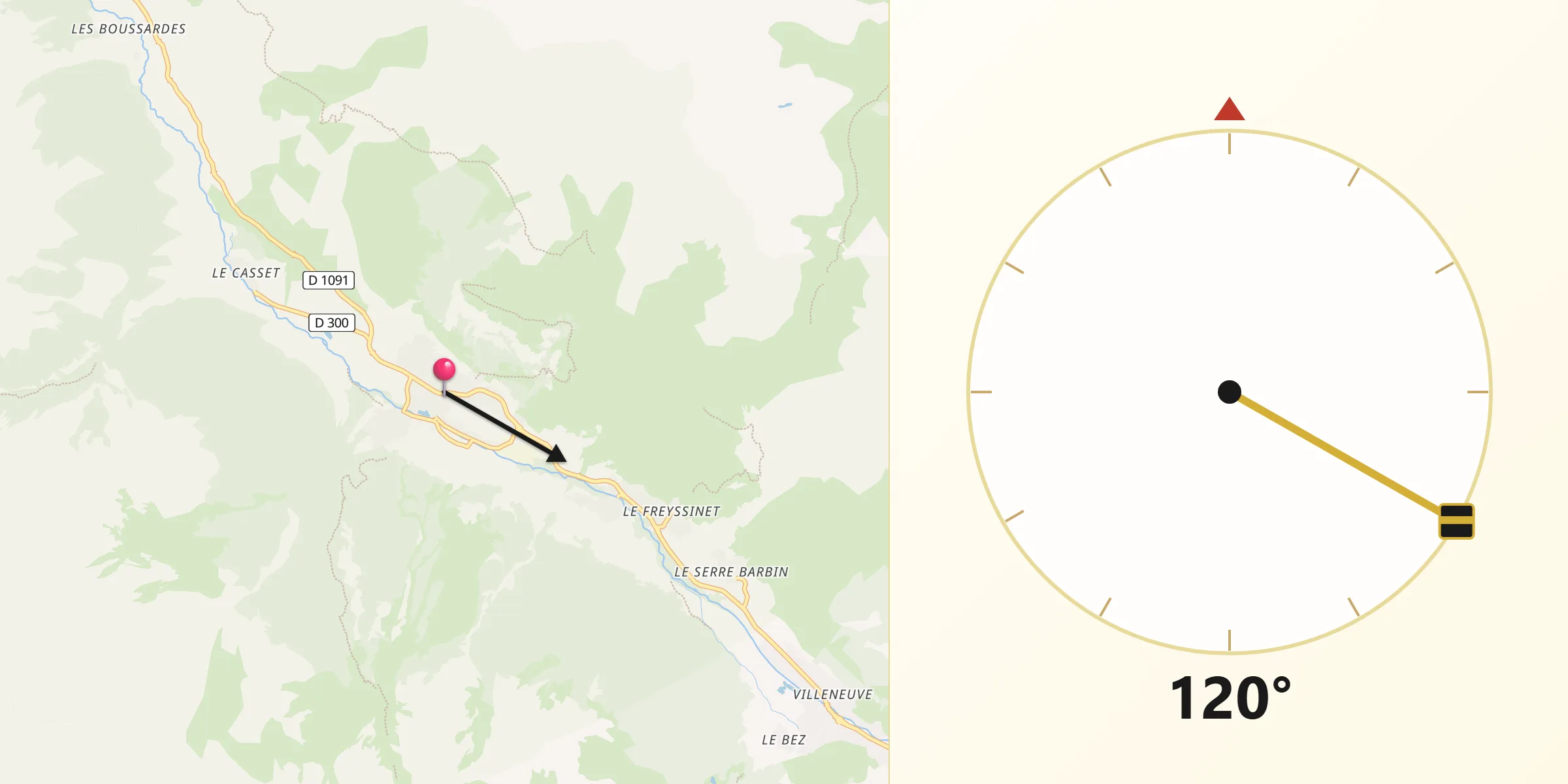 Direction vers la Qibla depuis Le Monêtier-les-Bains