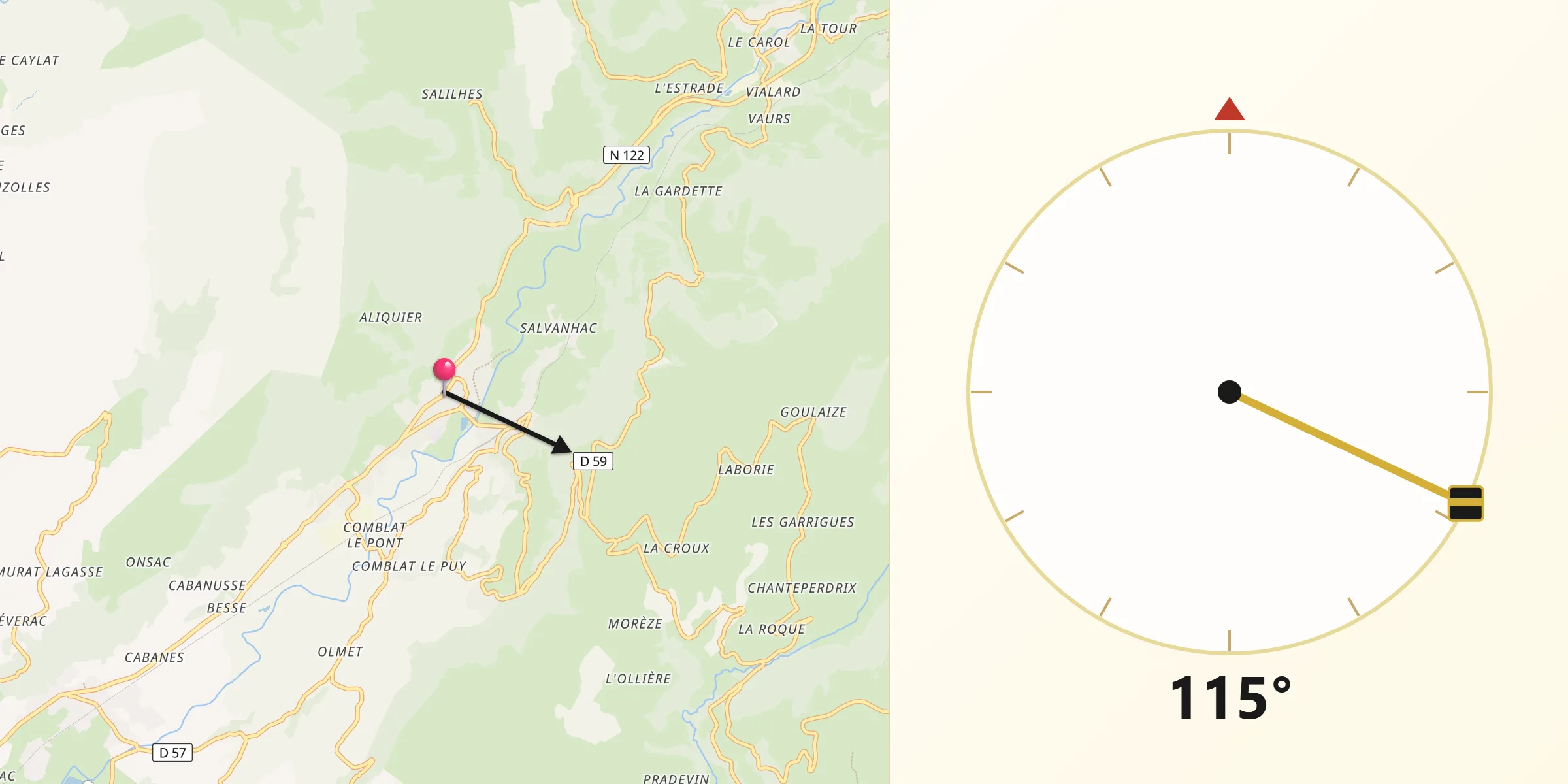 Direction vers la Qibla depuis Vic-sur-Cère