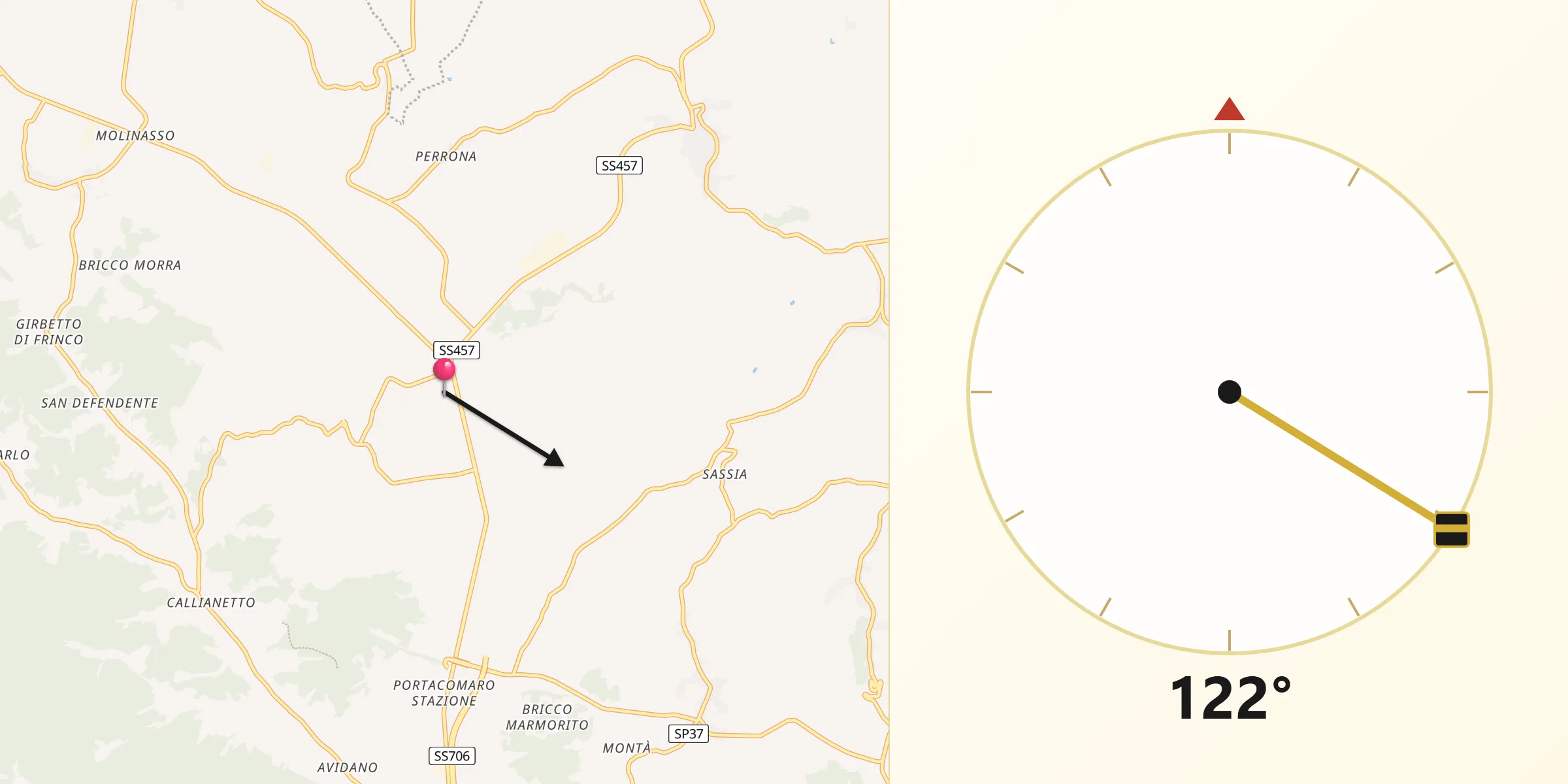 Direzione della Qibla da Castell'Alfero
