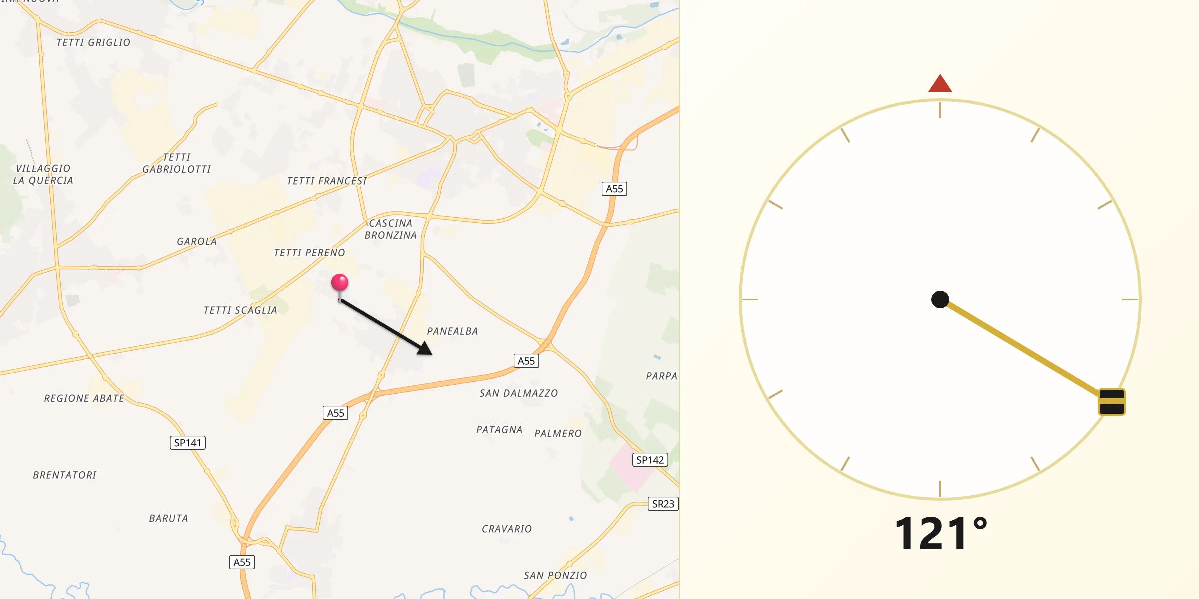 Direzione della Qibla da Gerbole-Zucche