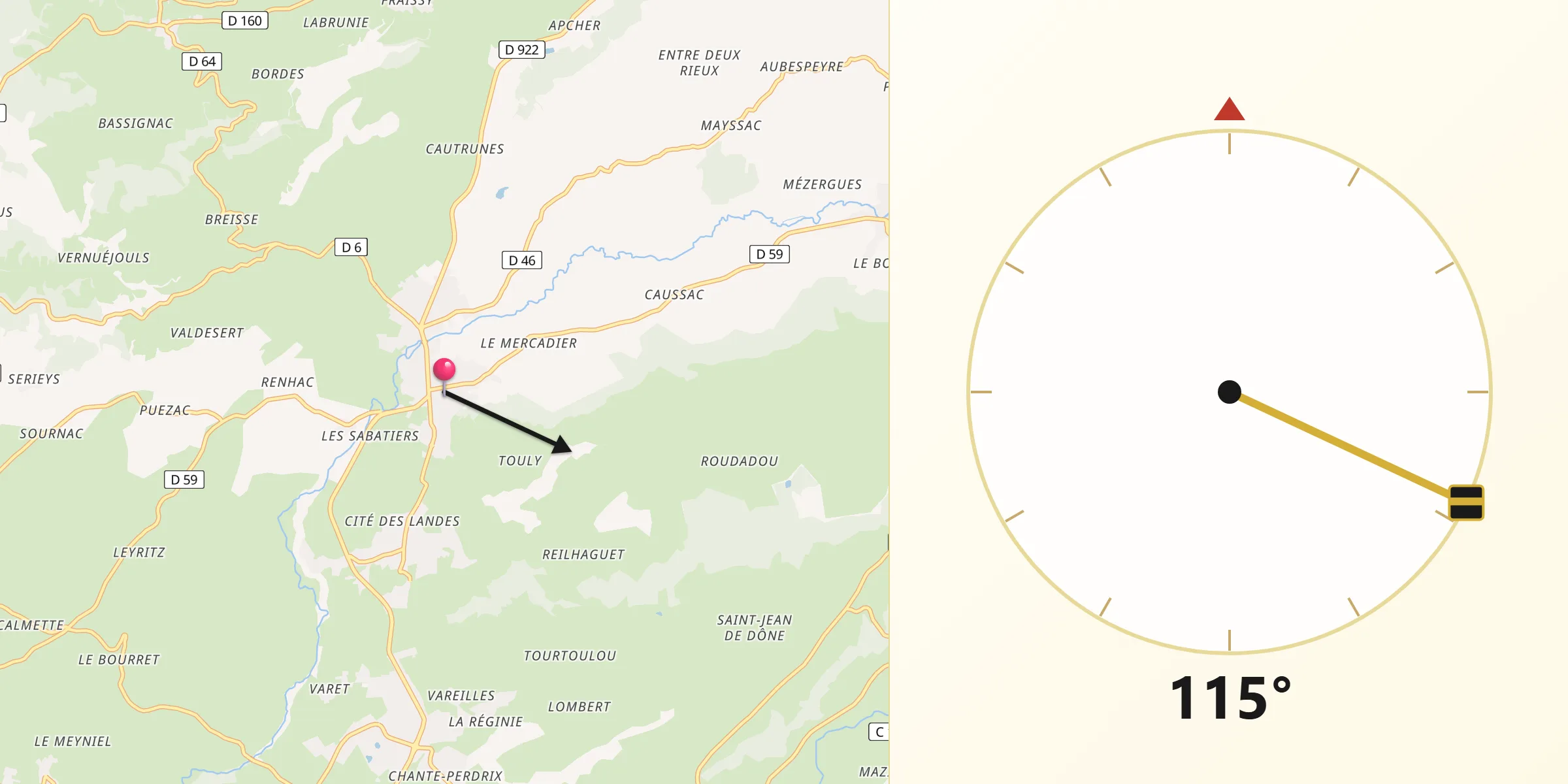 Direction vers la Qibla depuis Jussac