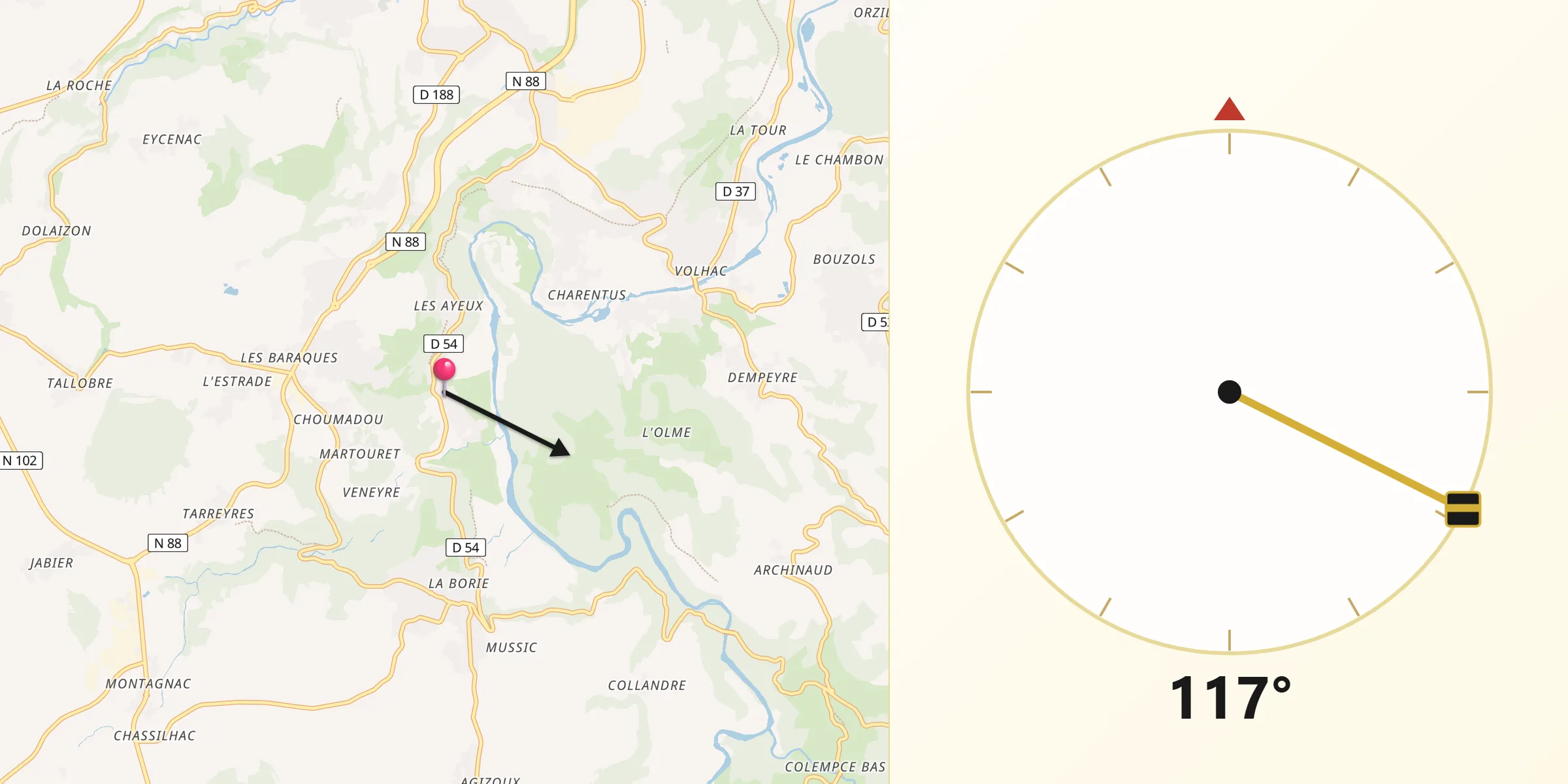 Direction vers la Qibla depuis Cussac-sur-Loire
