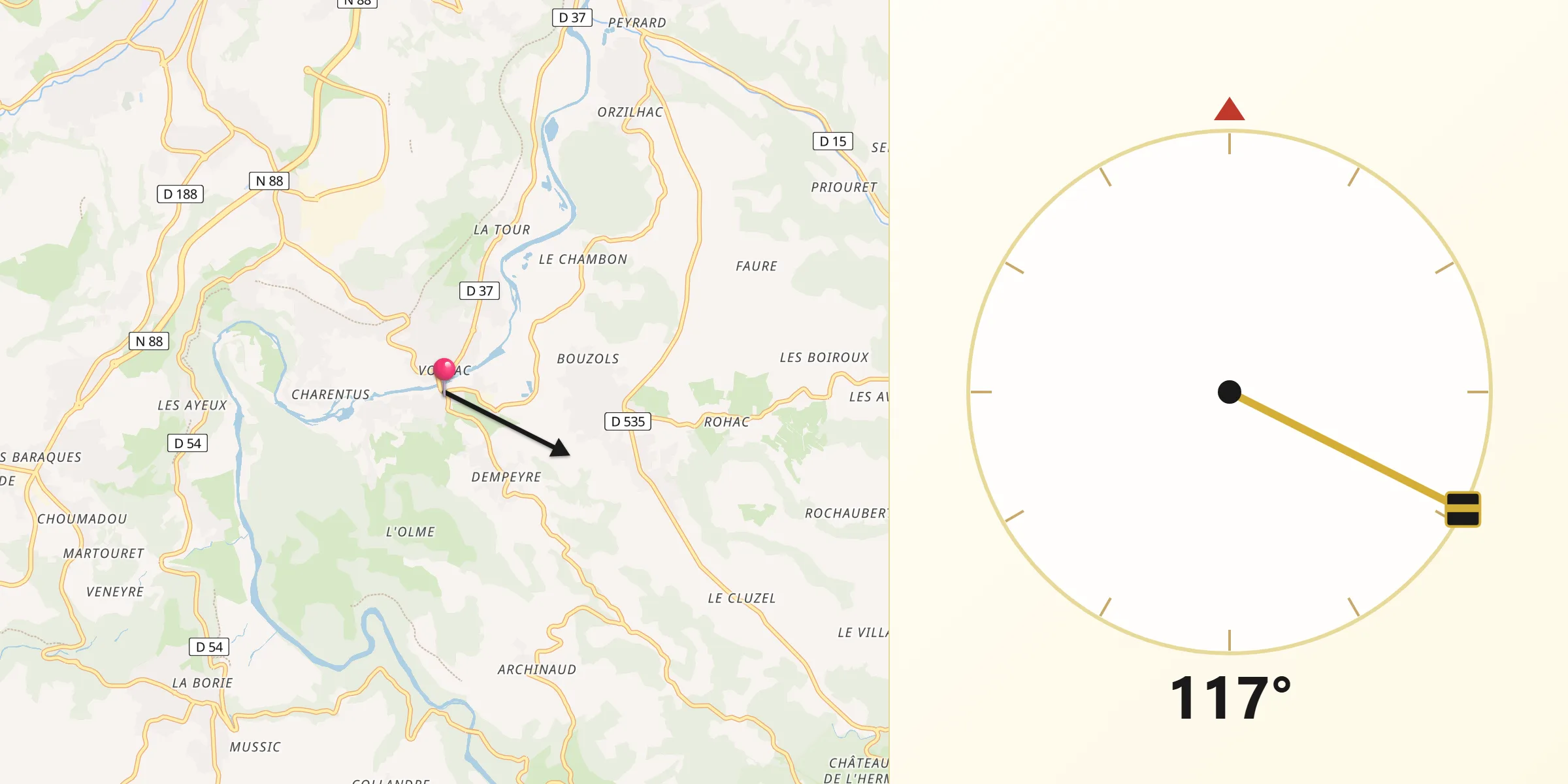 Direction vers la Qibla depuis Coubon