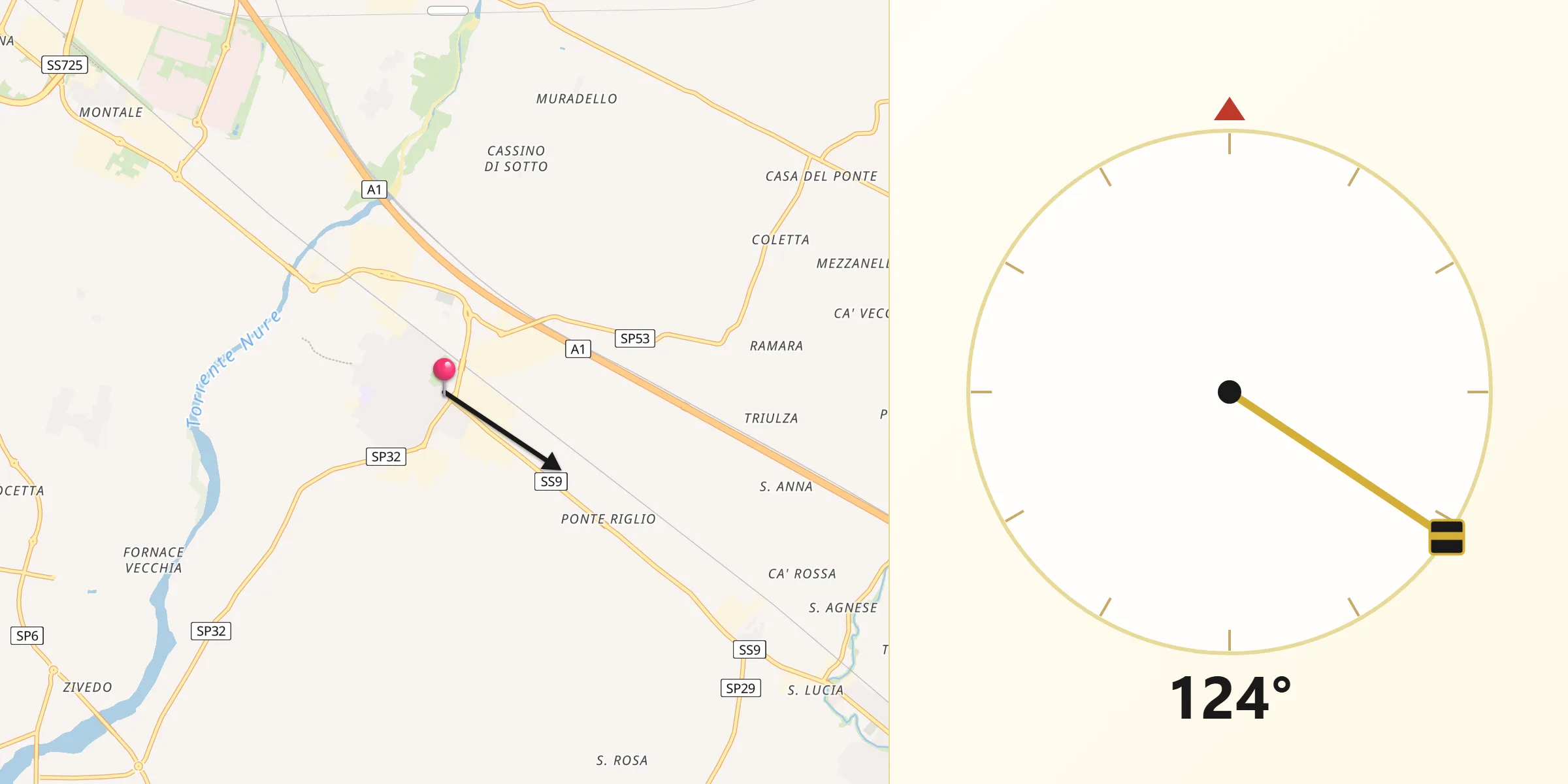 Direzione della Qibla da Pontenure
