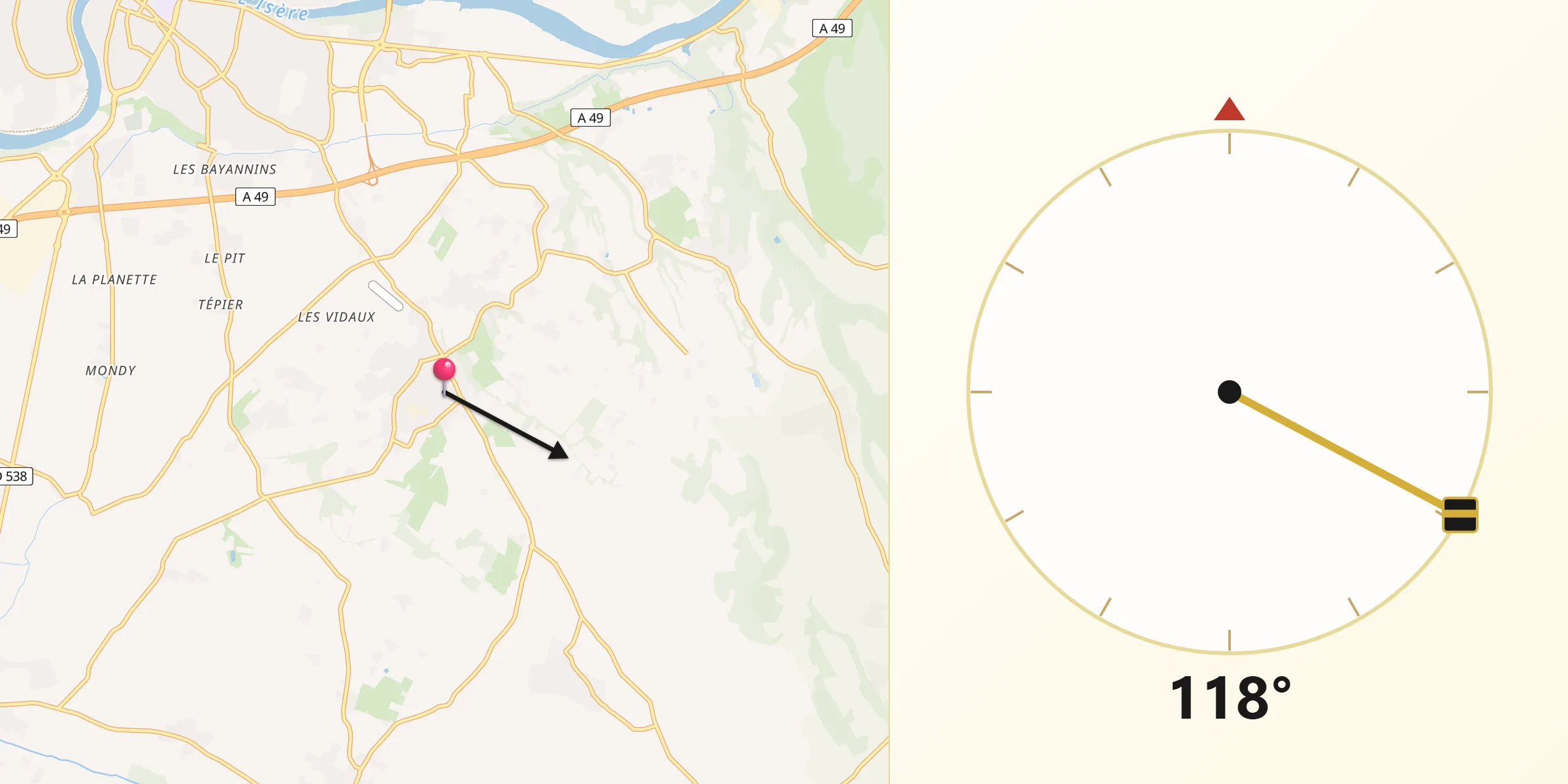 Direction vers la Qibla depuis Chatuzange-le-Goubet