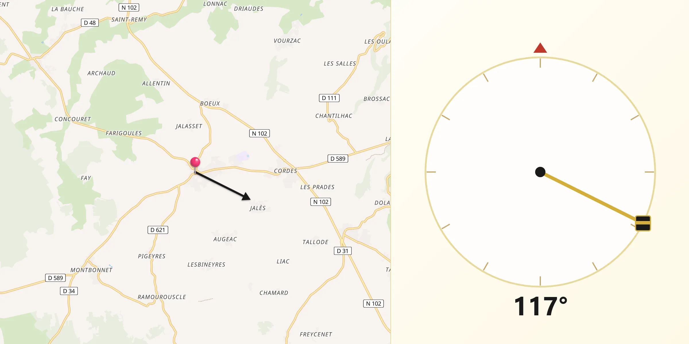 Direction vers la Qibla depuis Bains