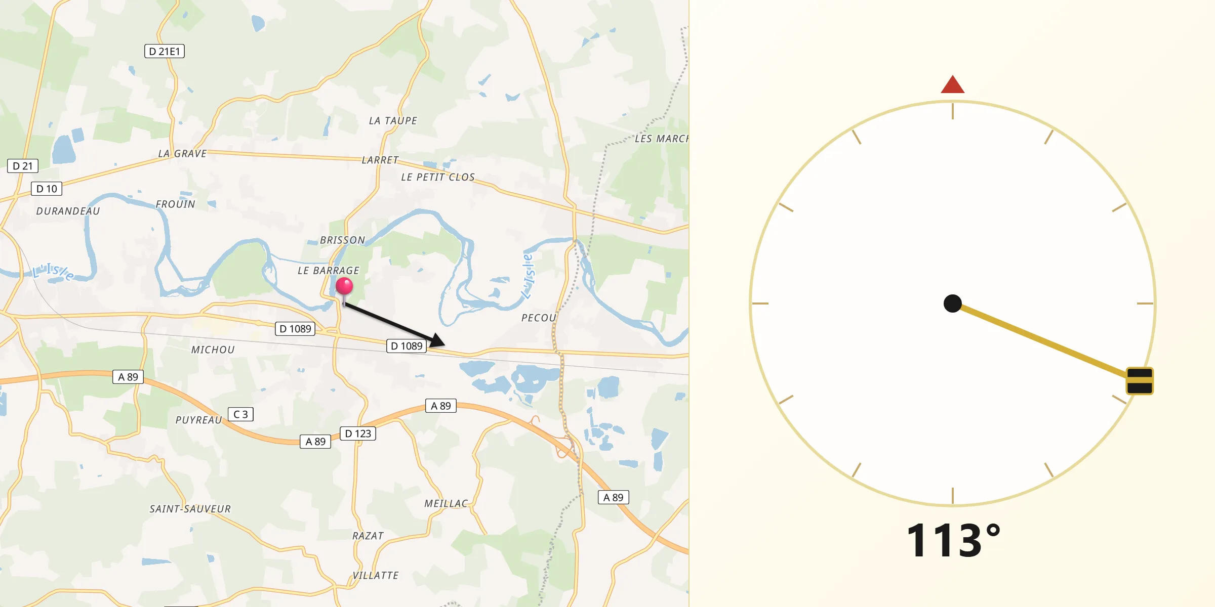 Direction vers la Qibla depuis Saint-Seurin-sur-l’Isle