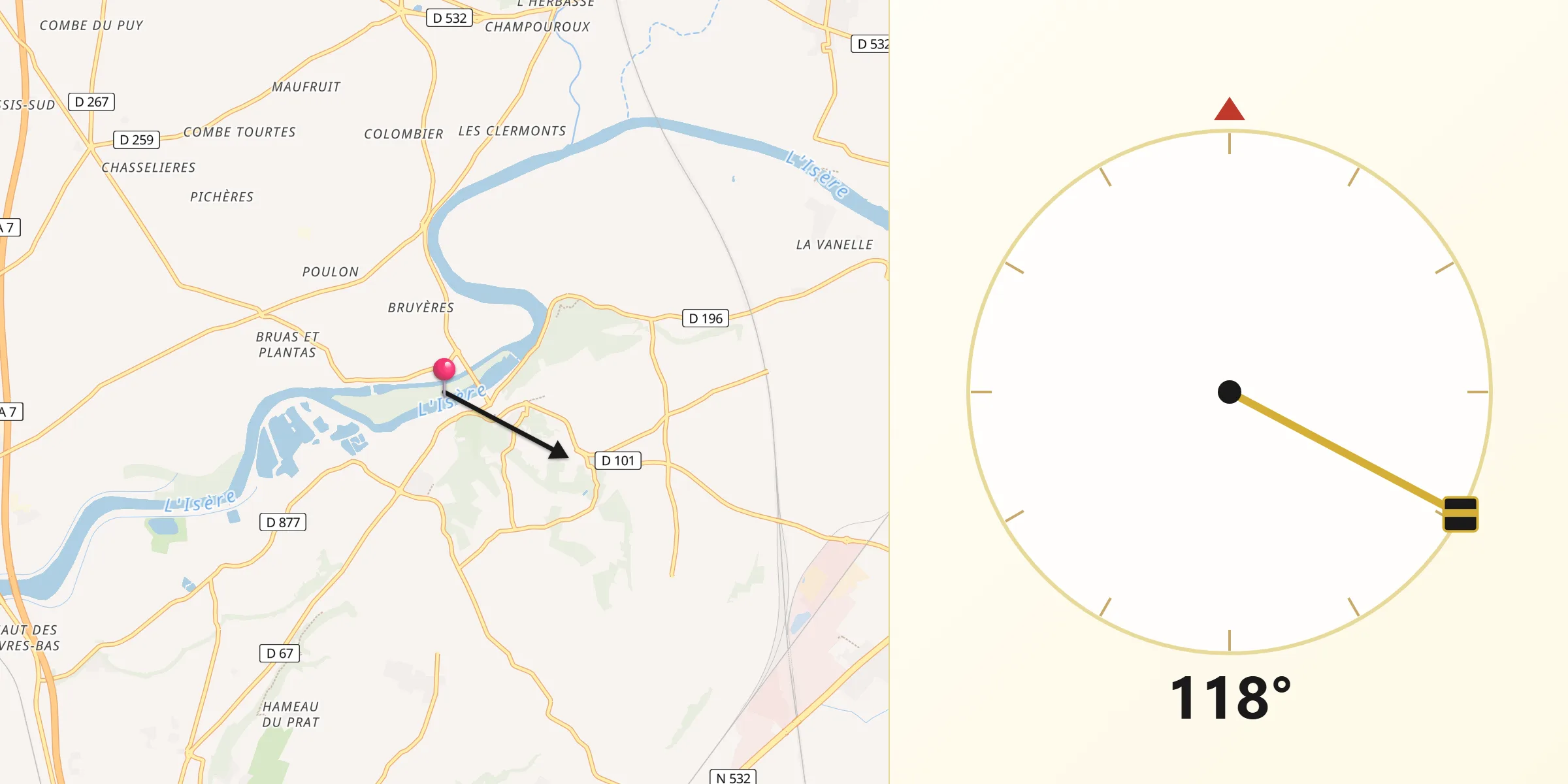 Direction vers la Qibla depuis Châteauneuf-sur-Isère