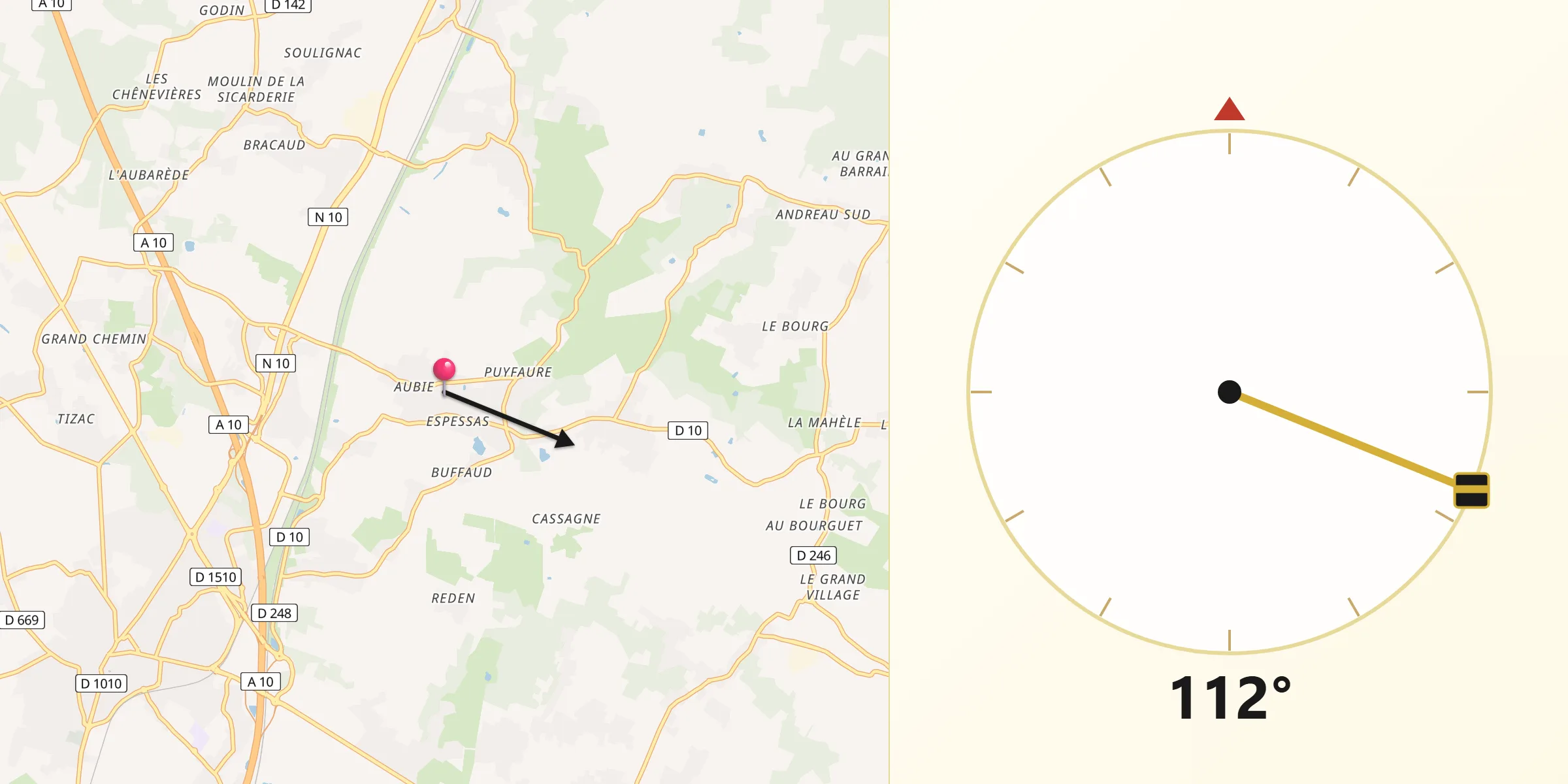 Direction vers la Qibla depuis Aubie-et-Espessas