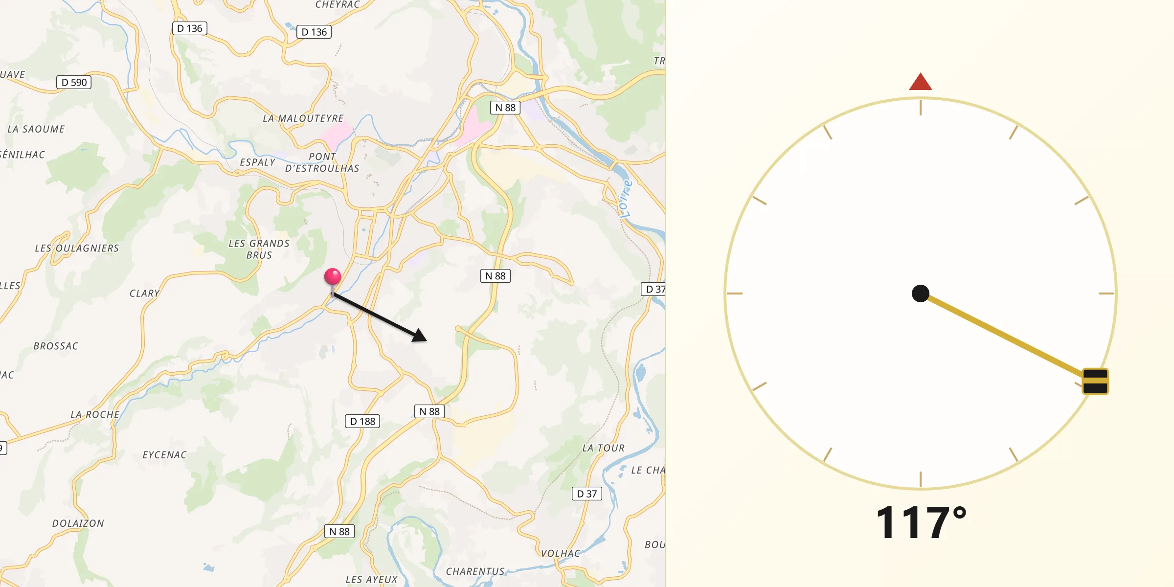 Direction vers la Qibla depuis Vals-près-le-Puy