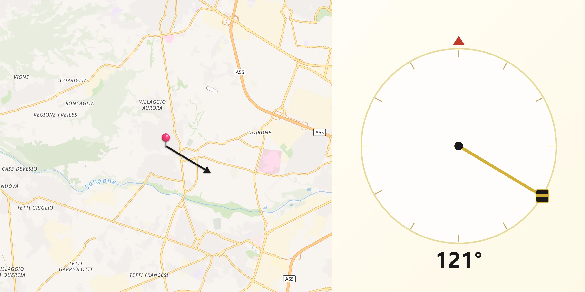 Direzione della Qibla da Rivalta di Torino