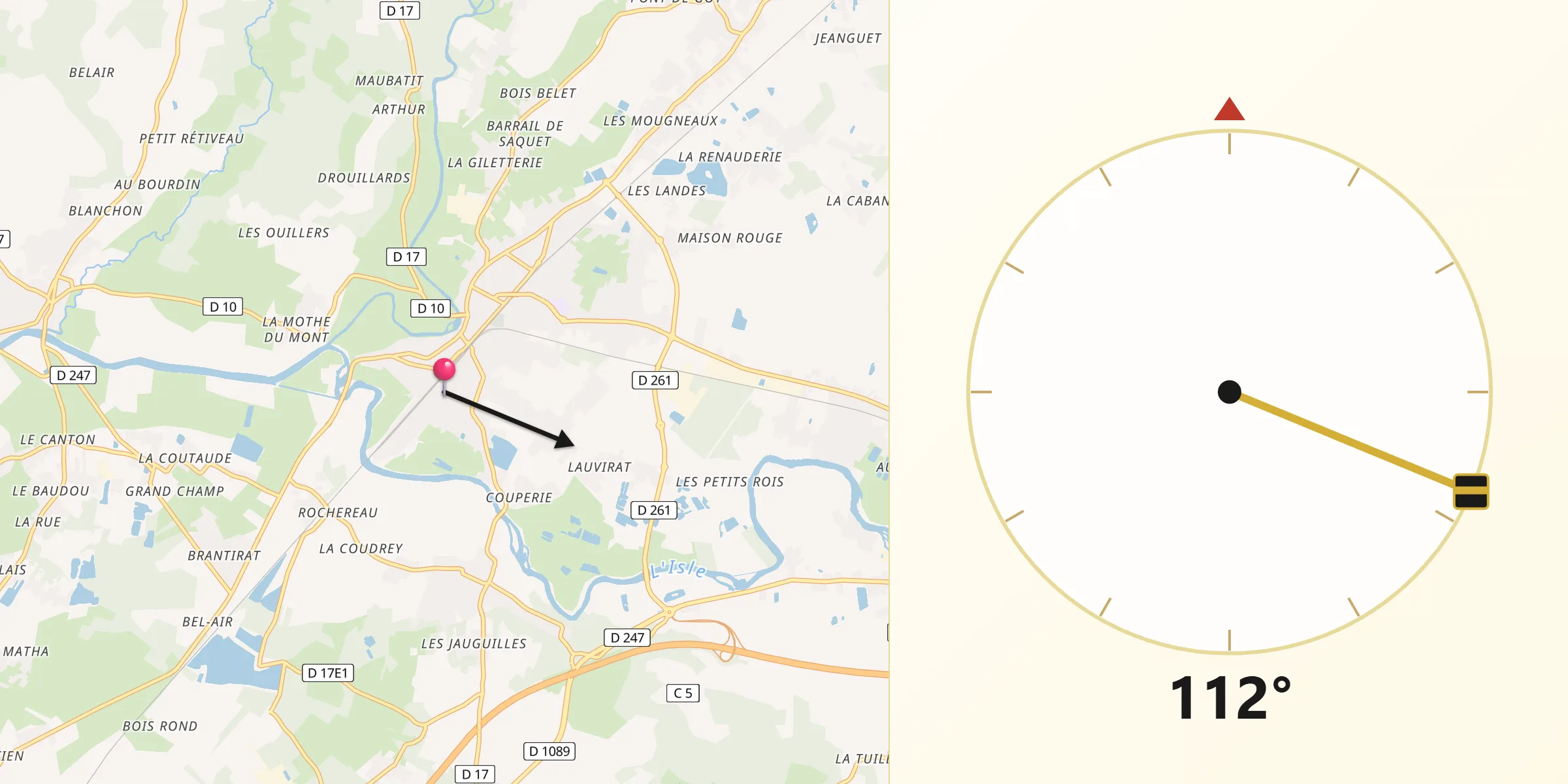 Direction vers la Qibla depuis Coutras