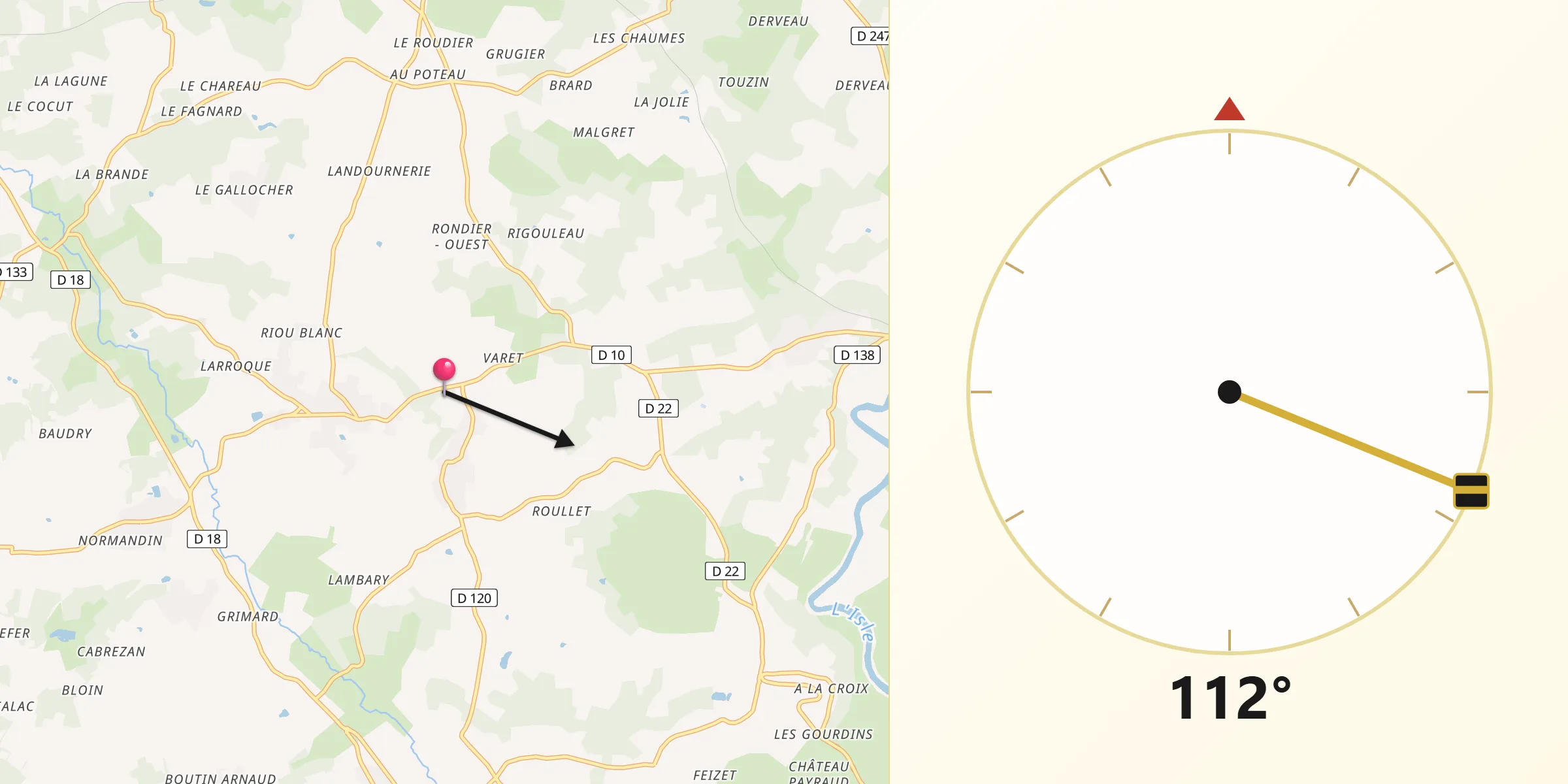 Direction vers la Qibla depuis Saint-Ciers-d’Abzac