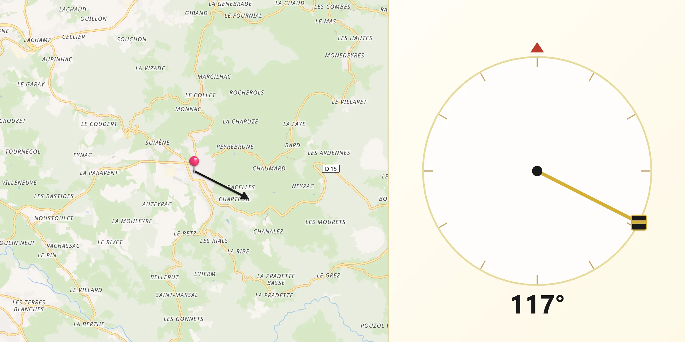 Direction vers la Qibla depuis Saint-Julien-Chapteuil