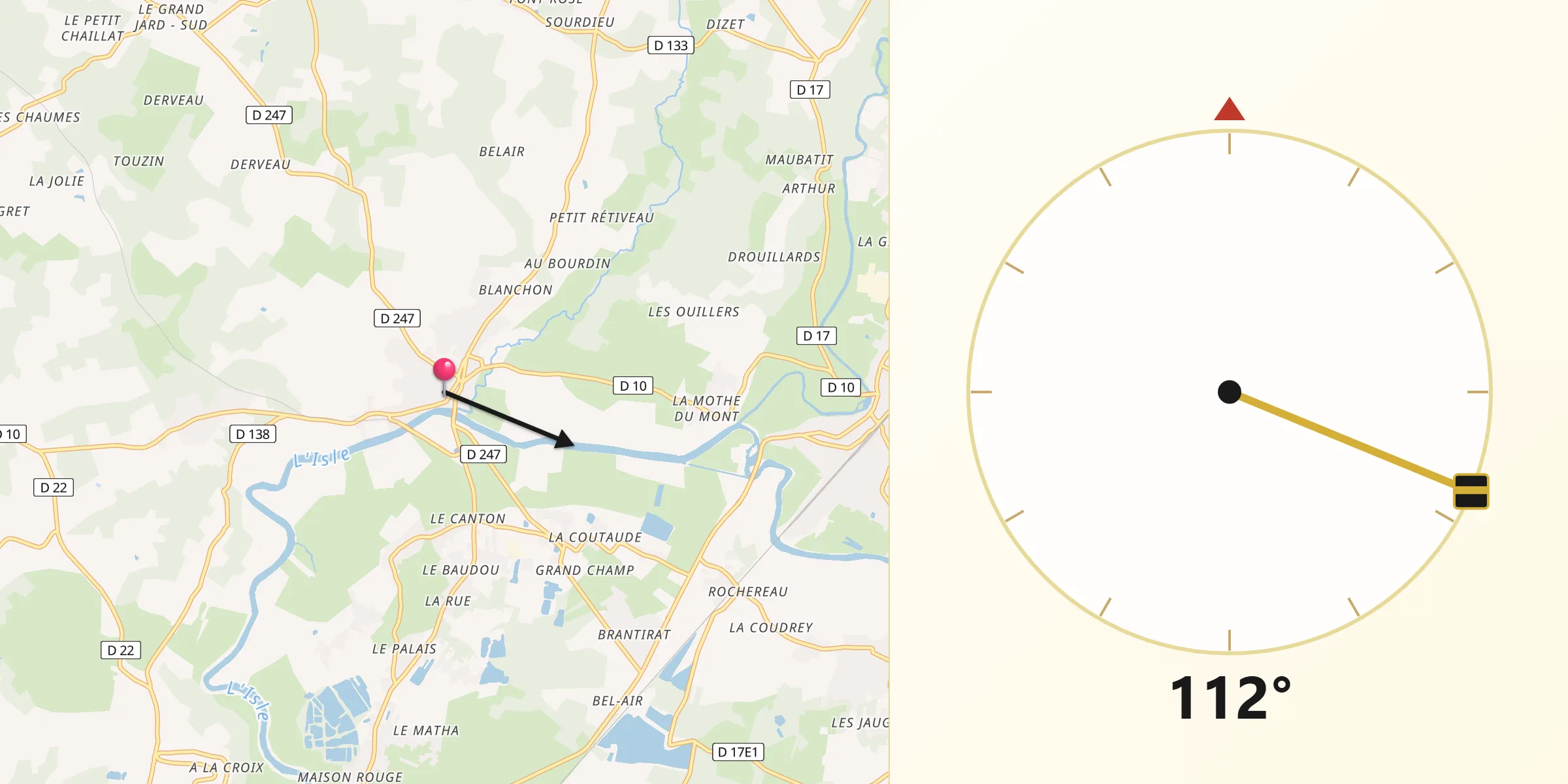 Direction vers la Qibla depuis Guîtres