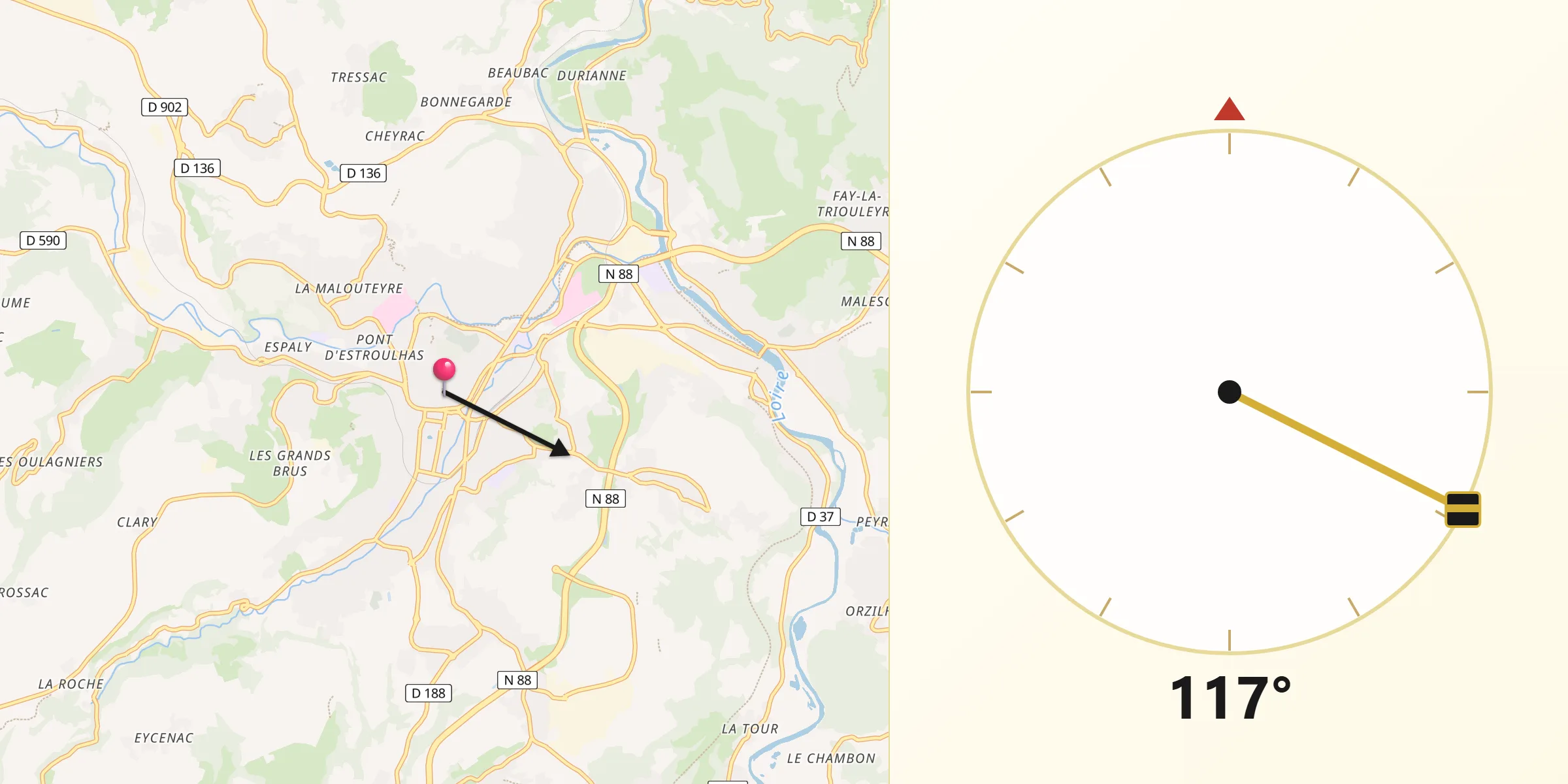 Direction vers la Qibla depuis Le Puy-en-Velay