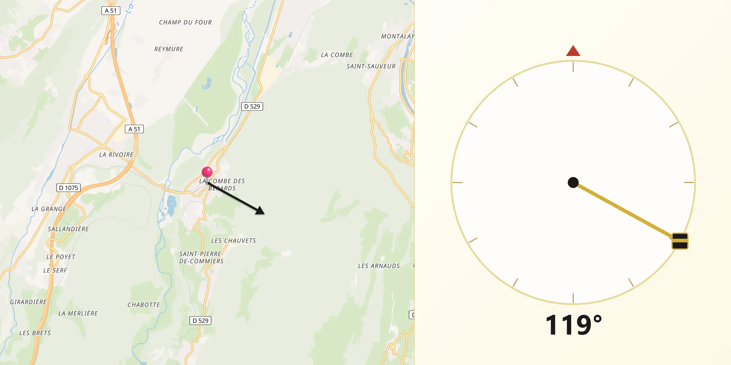 Direction vers la Qibla depuis Saint-Georges-de-Commiers